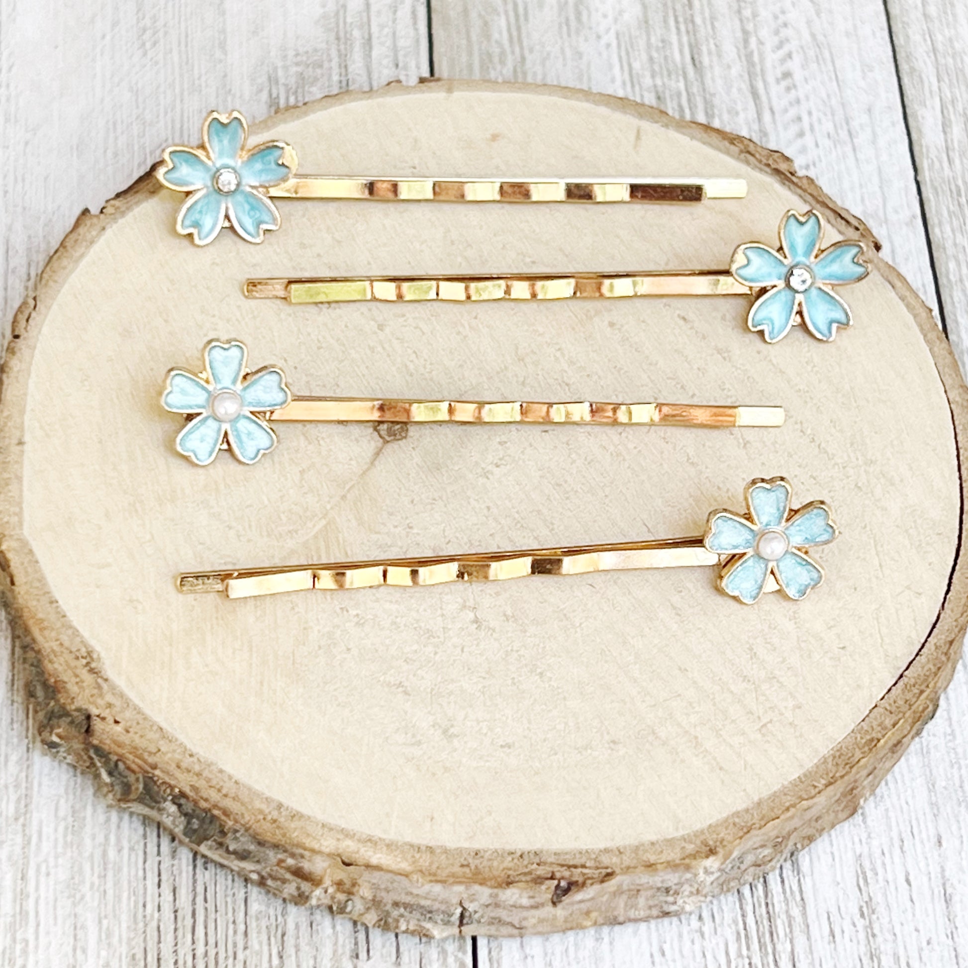 Blue Flower Hair Pins with Pearl & Rhinestone Accents - Set of 4 Elegant Accessories