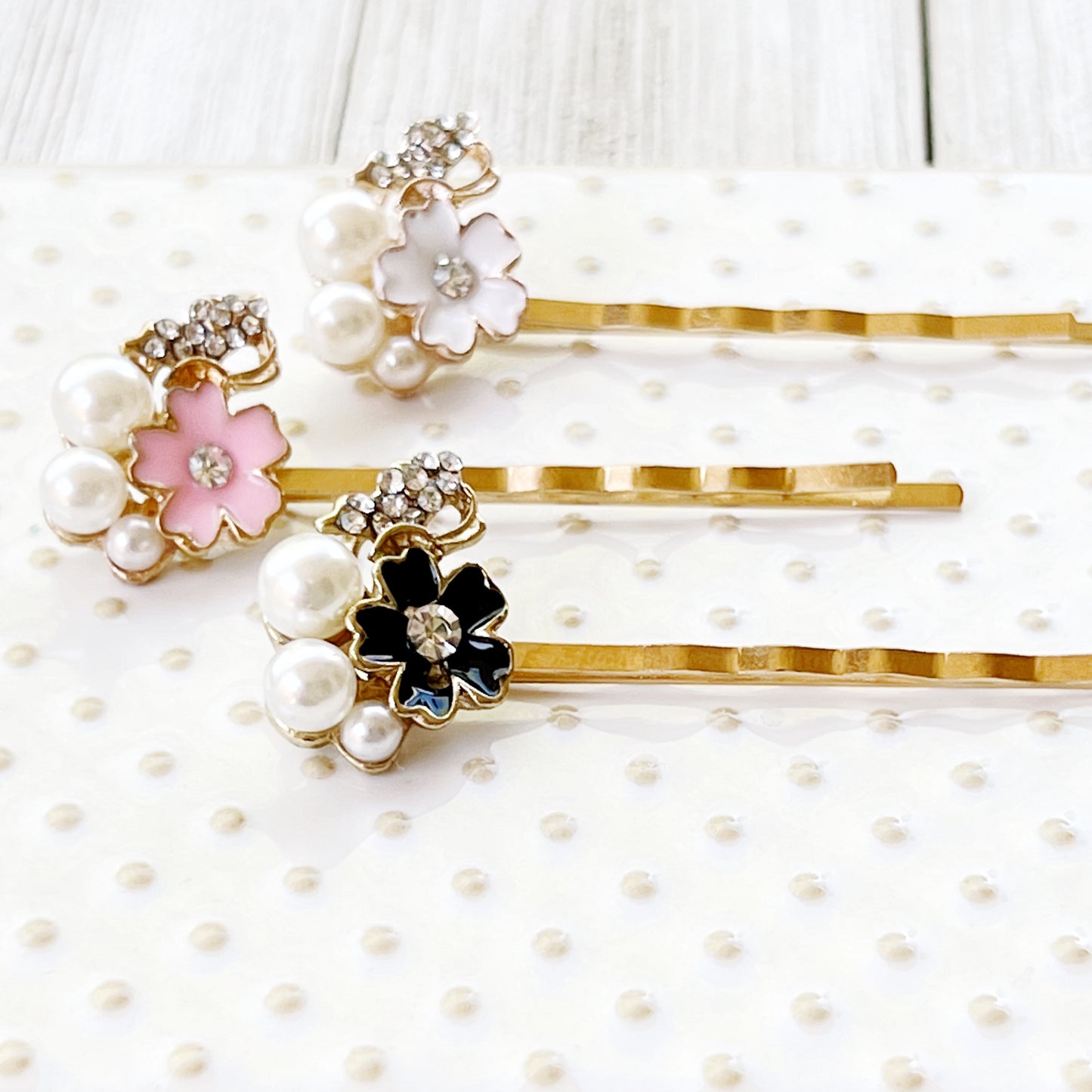 Black, White & Pink Enamel and Rhinestone Flower Hair Pins Set of 3 - Elegant and Versatile Hair Accessories