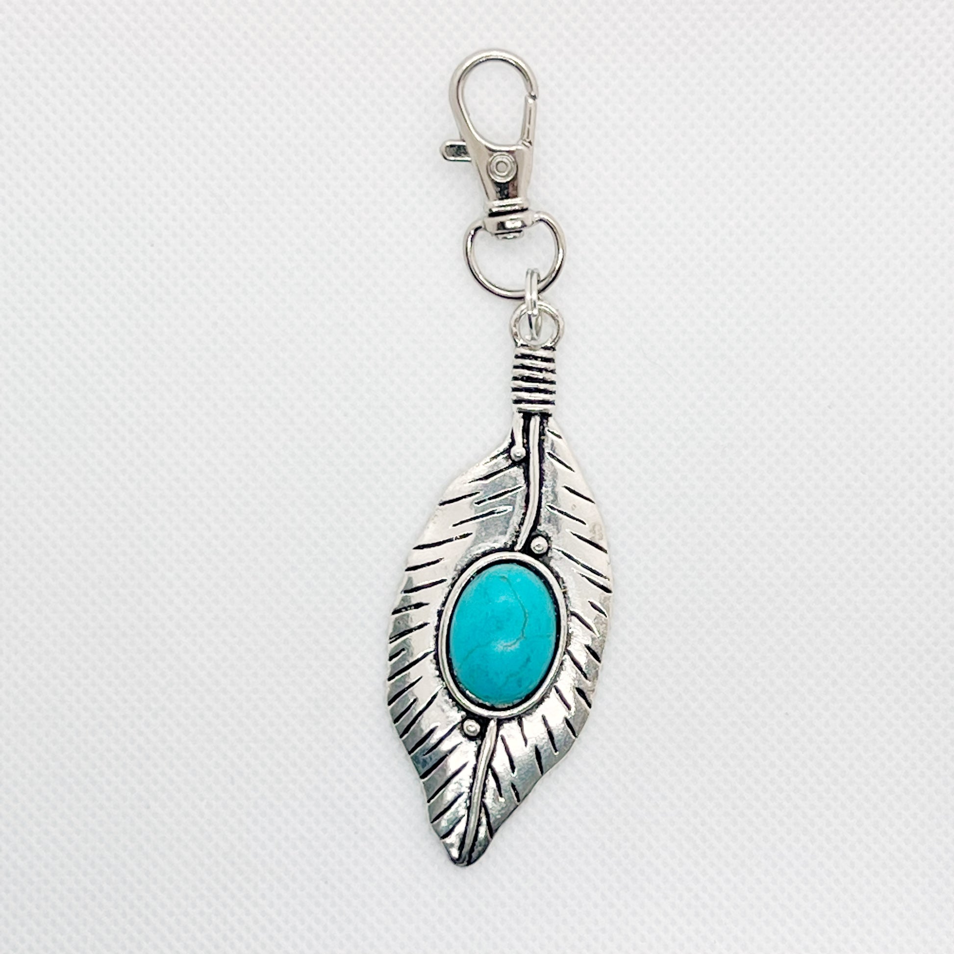 Turquoise Silver Feather Western Zipper Pull Keychain Charm