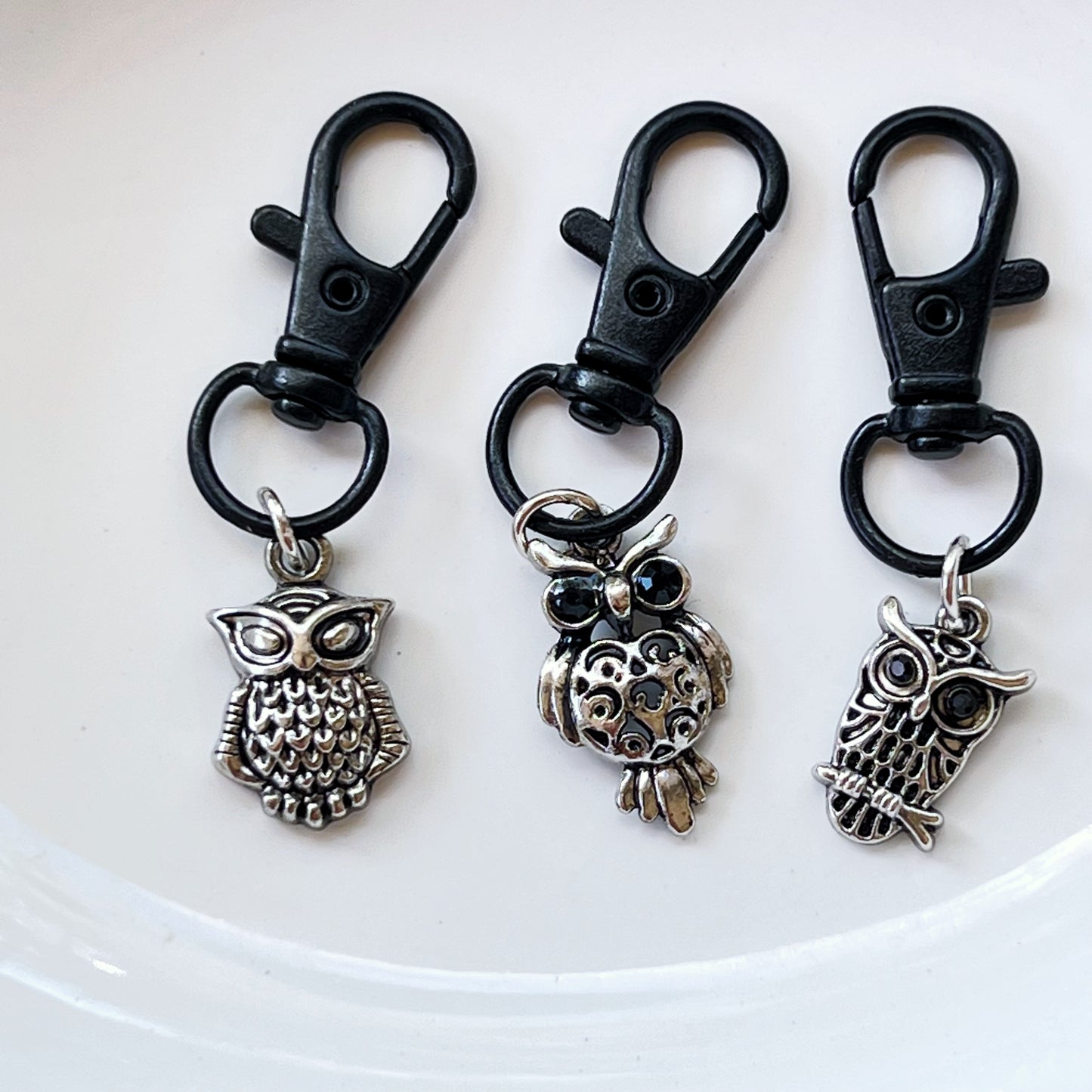 Set of 3 Silver Owl Purse Charms with Rhinestone Accents