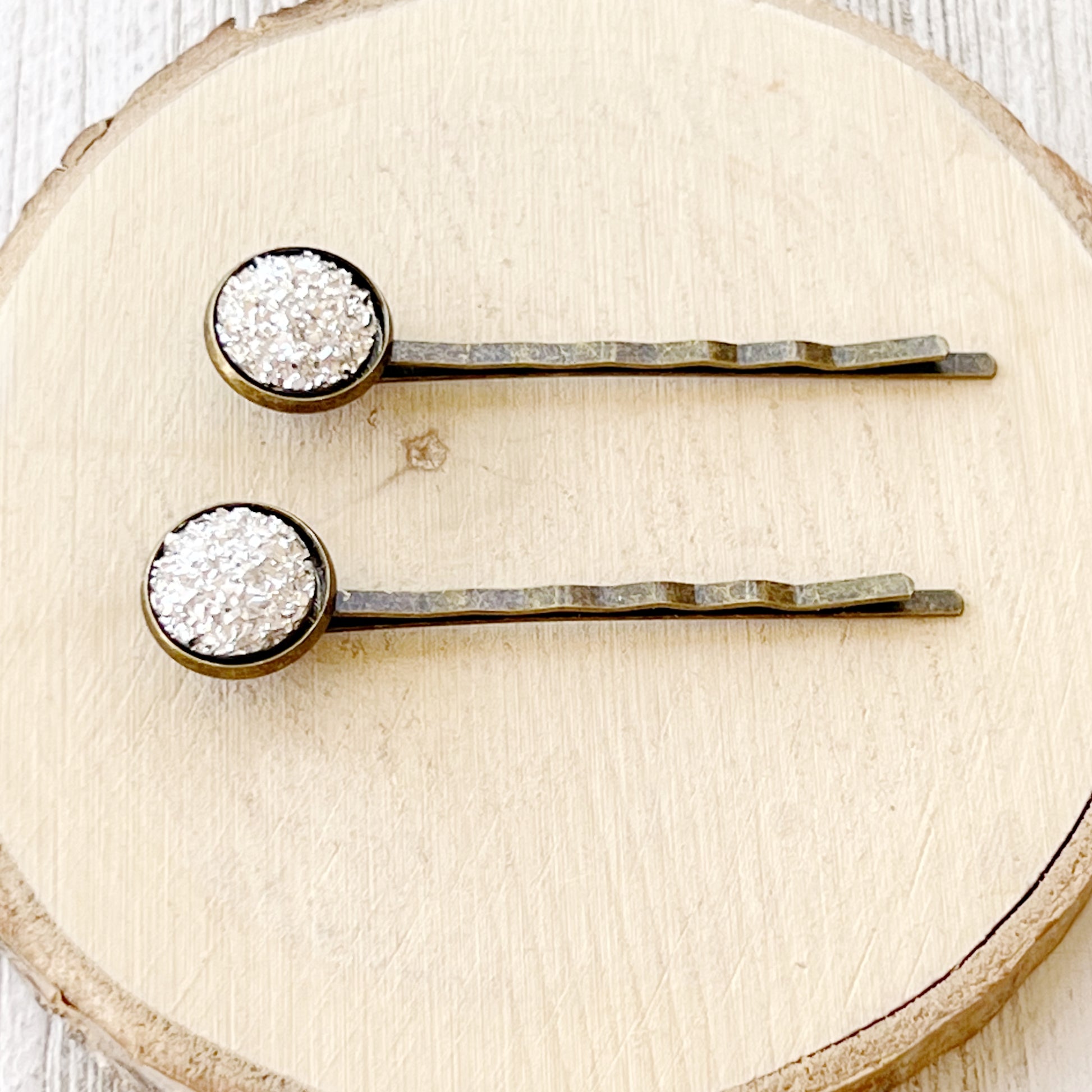 Silver Druzy Brass Hair Pins: Sparkling Accents for Sophisticated Hairstyles