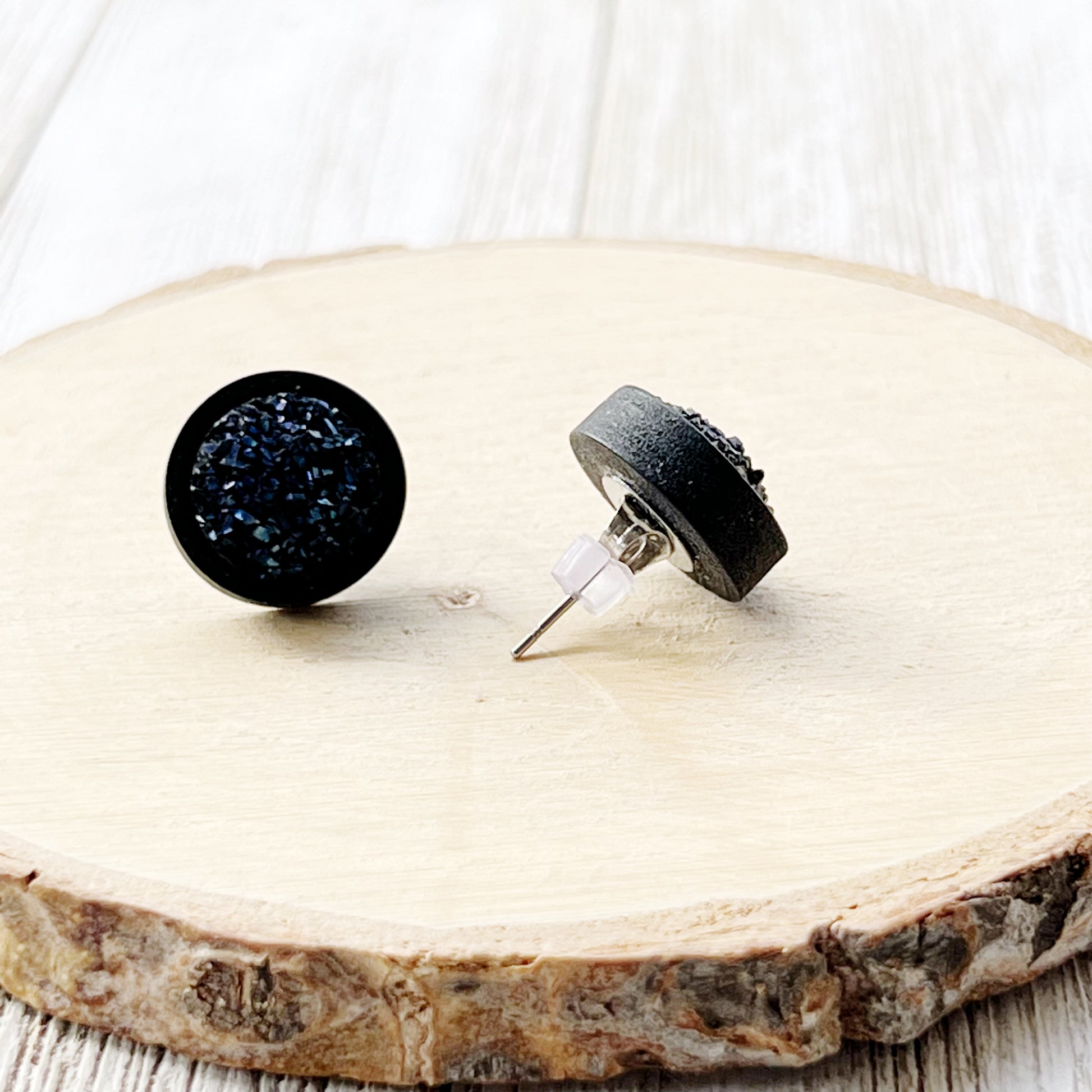 Round Blue Druzy & Black Wood Stud Earrings - Statement-making & Contemporary Accessories