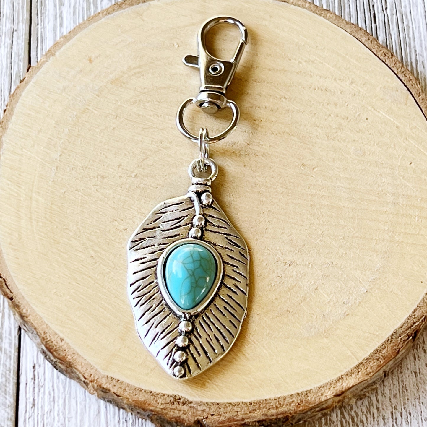 Small Turquoise Silver Feather Western Zipper Pull Keychain Charm