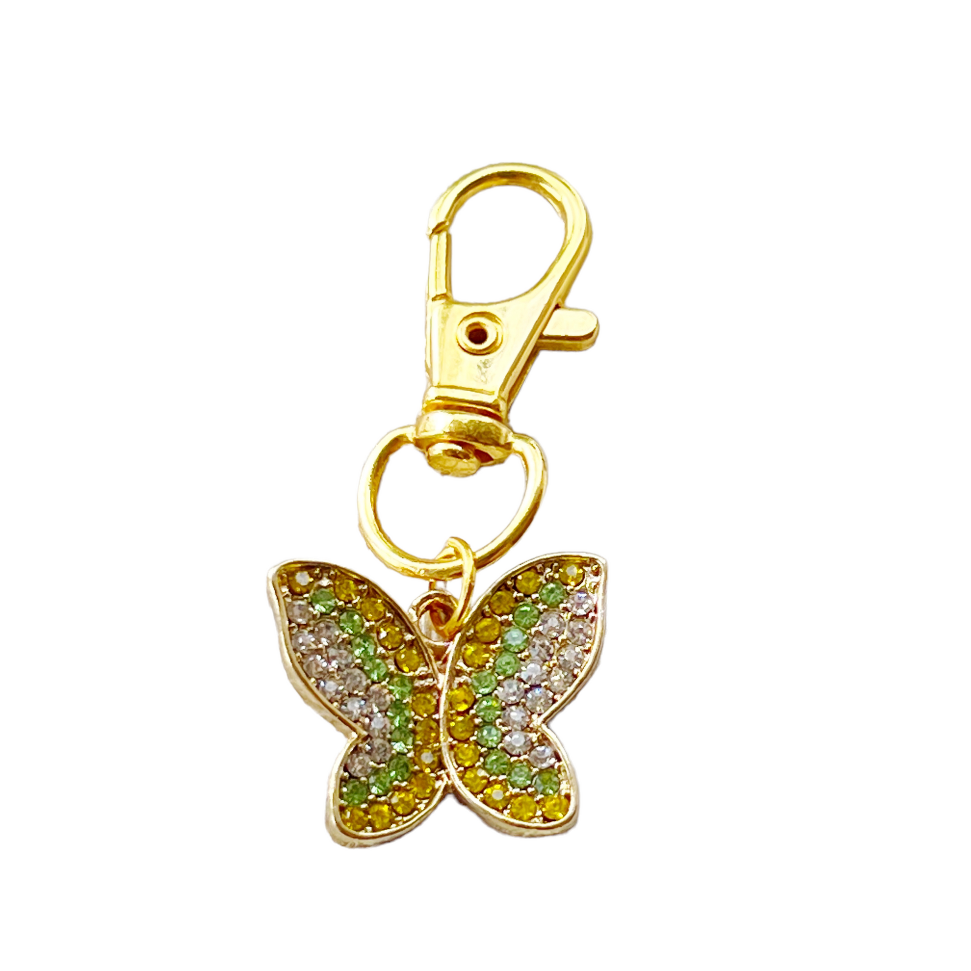 Yellow & Green Butterfly Zipper Pull Keychain Charm with Rhinestones - Stylish and Whimsical Accessory for Your Bag