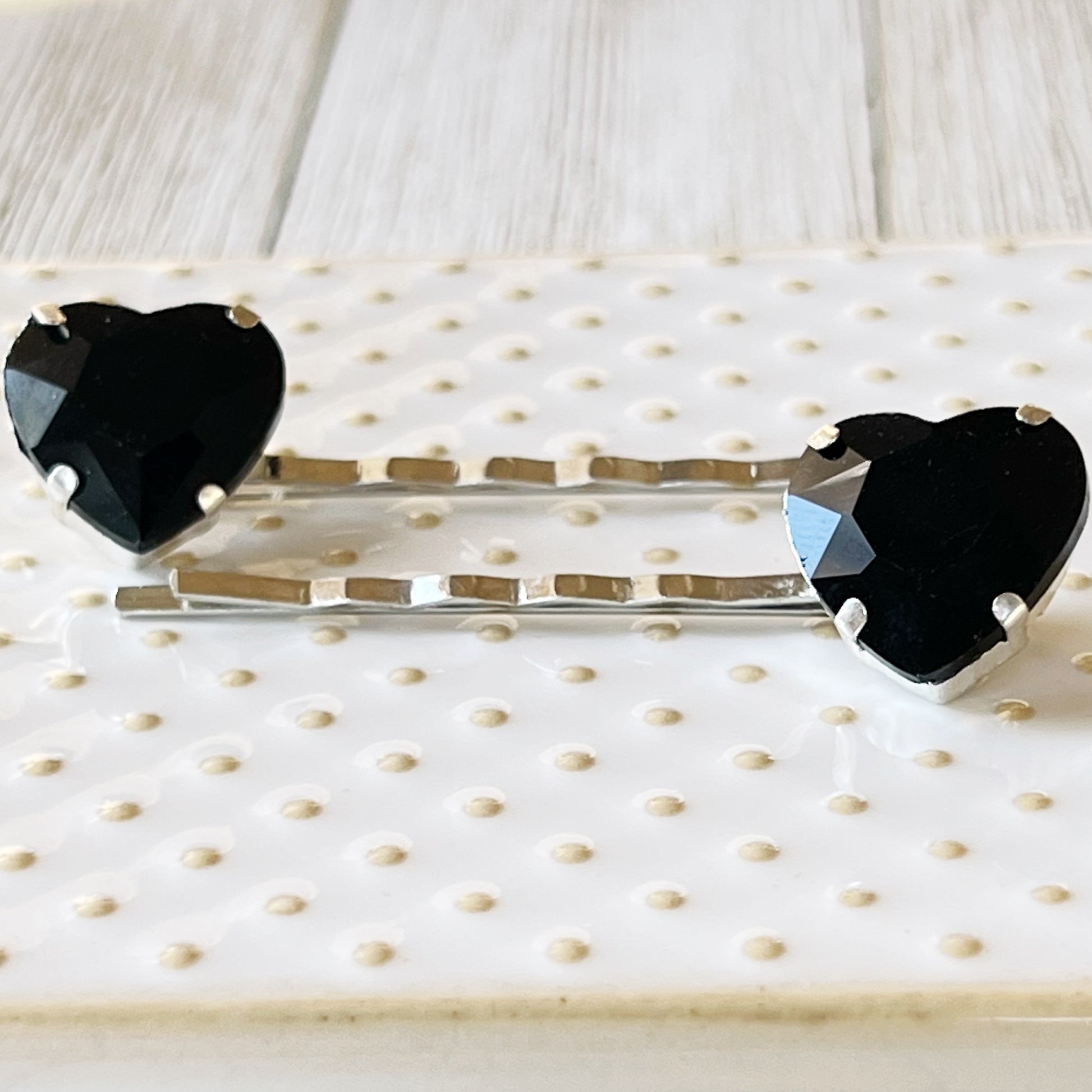 Black Rhinestone Heart Bobby Pins - Elegant and Romantic Hair Accessories