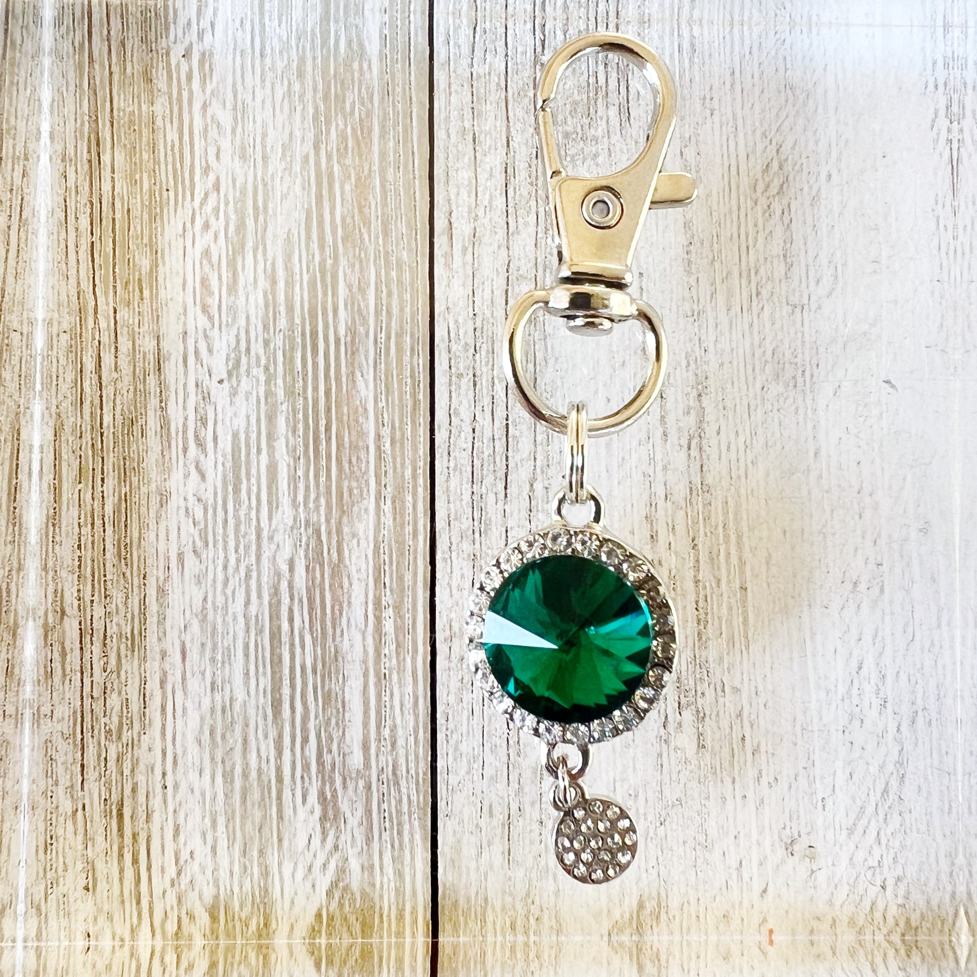 Green Zipper Pull Keychain Charm with Rhinestones