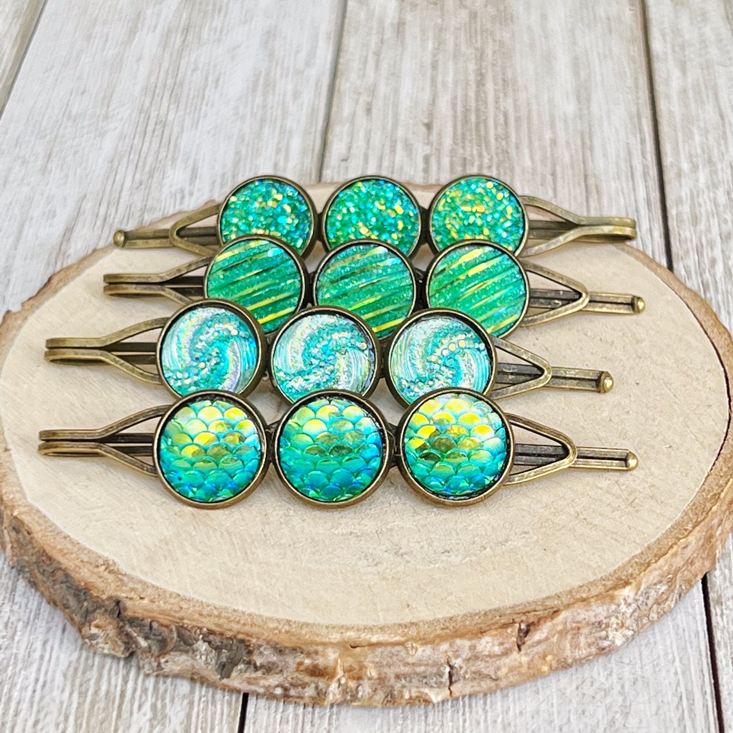 Green Glitter Druzy Hair Pin Set - Set of 4 with Unique Pattern Designs