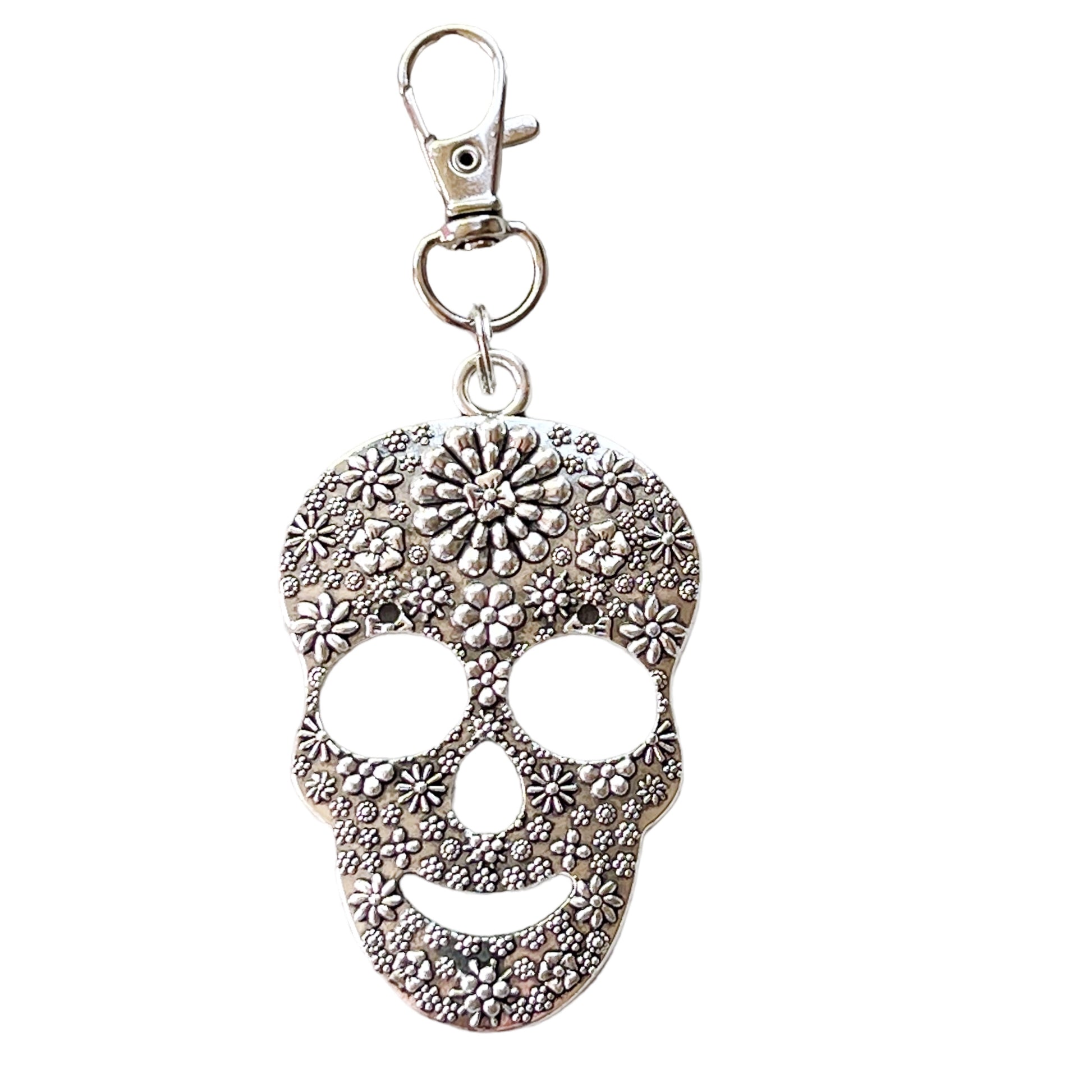 Silver Floral Skeleton Skull Zipper Pull Keychain Purse Charm