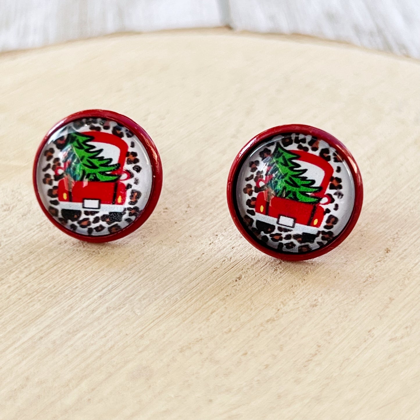 Red Truck with Christmas Tree Stud Earrings: Rustic Farmhouse Holiday Charm for Your Ears