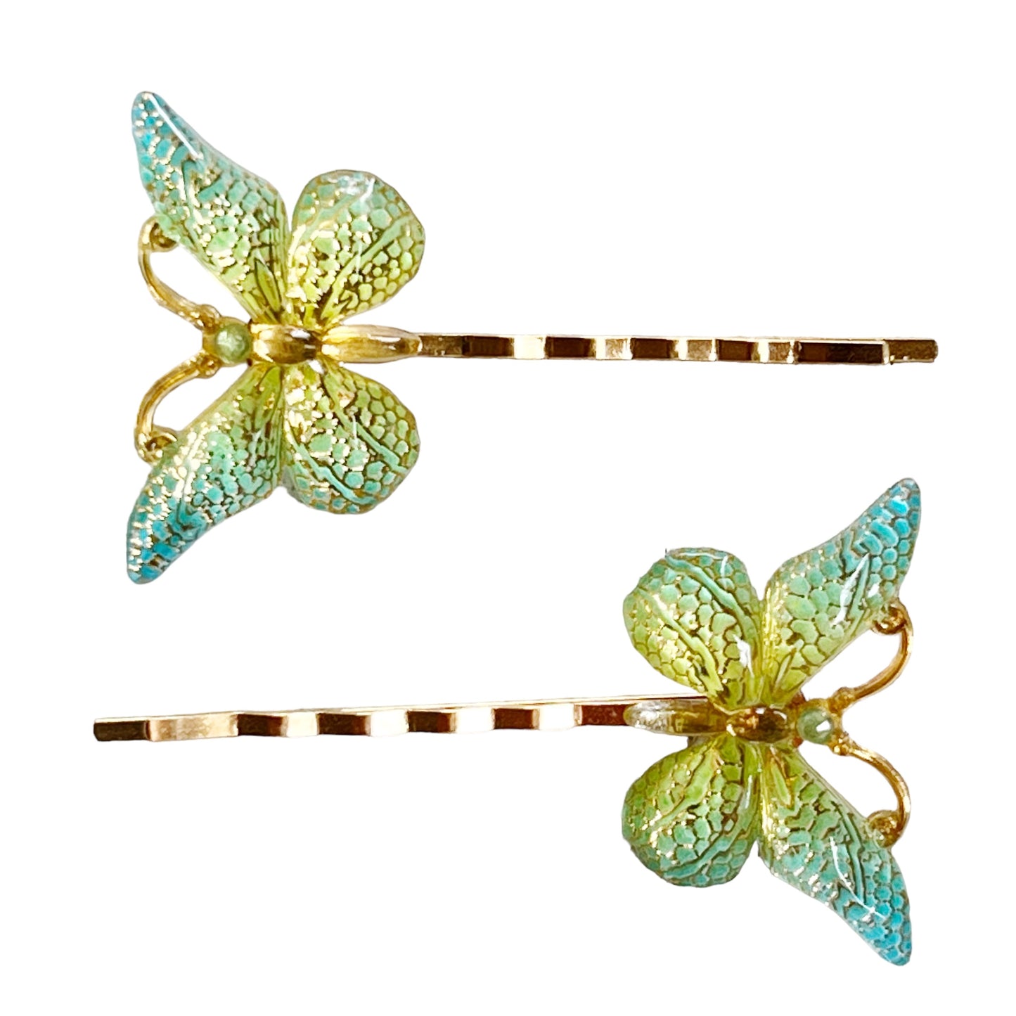 Blue, Green & Gold Butterfly Hair Pins - Elegant and Colorful Hair Accessories