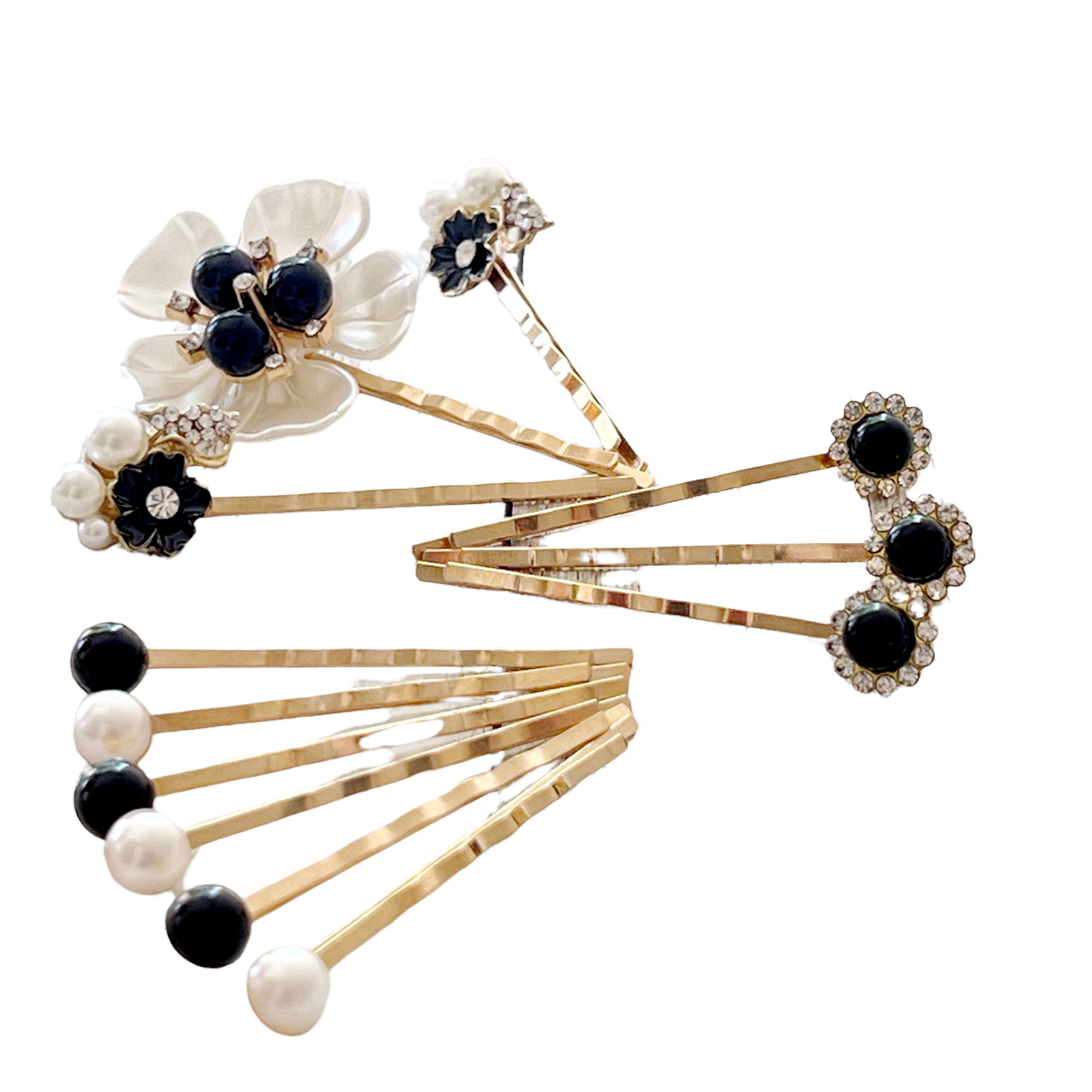 Black Pearl & Rhinestone Floral Hair Pin Set - Elegant and Chic Hair Accessories