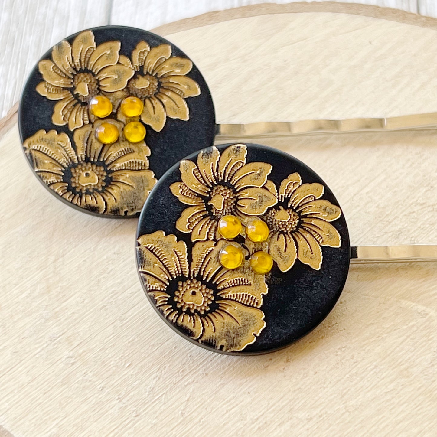 Black & Gold Sunflower Silver Bobby Pins Set - Elegant Floral Hair Accessories