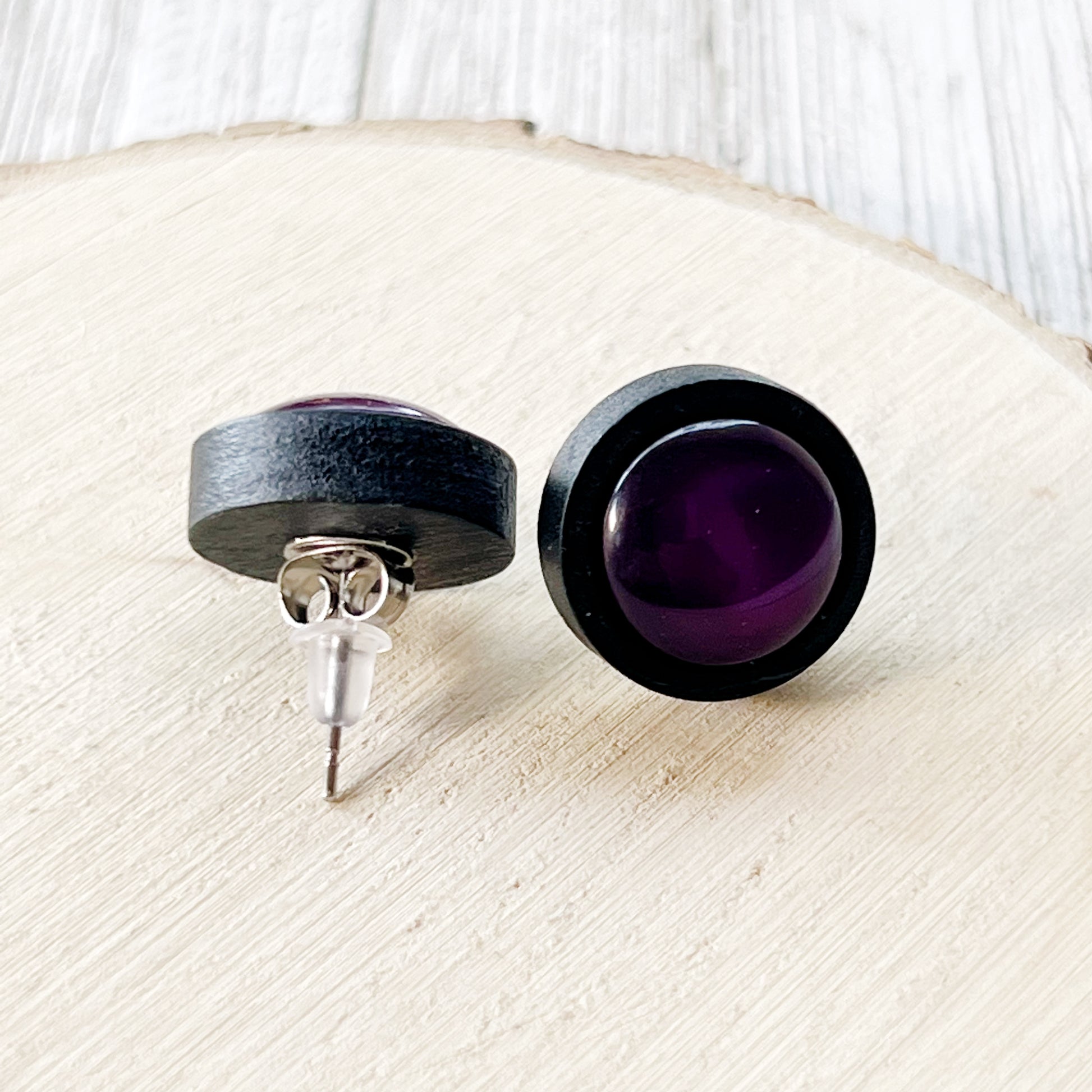 Purple Resin Black Wood Unisex Stud Earrings - Unique & Stylish Accessories