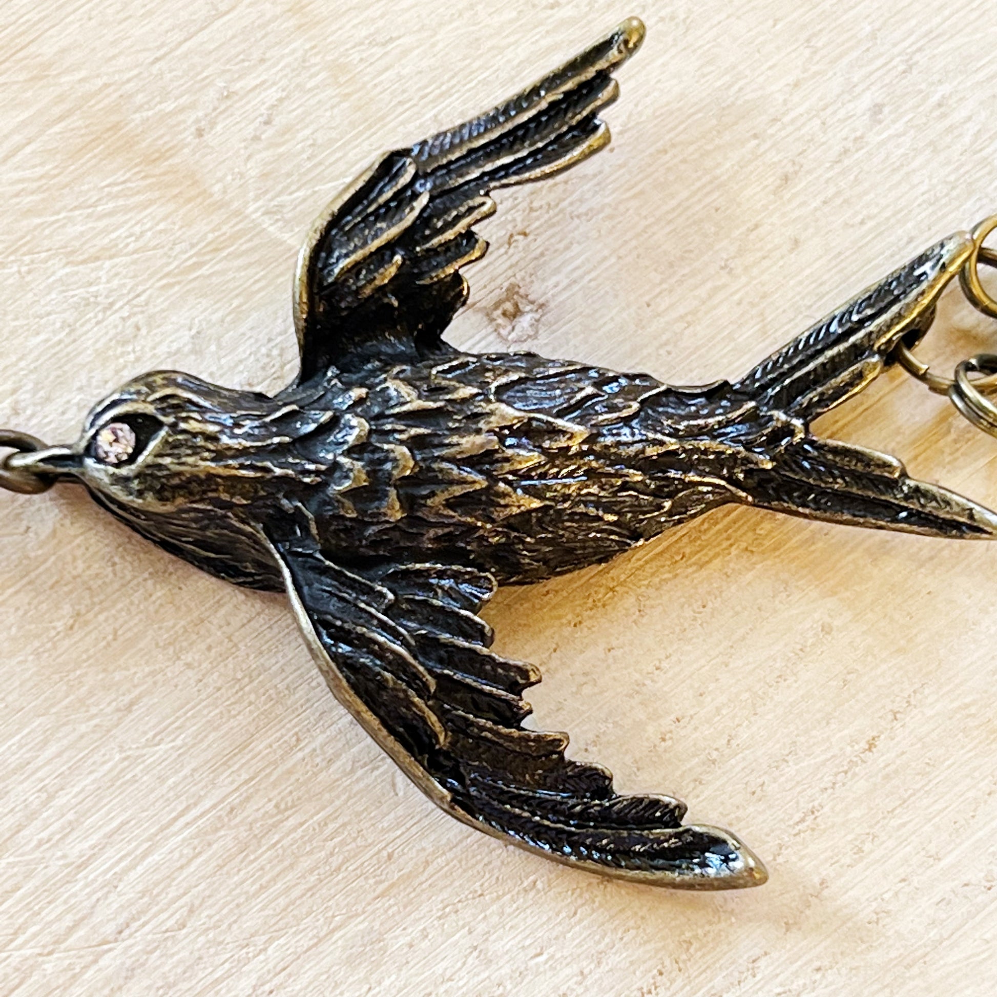 Large Metal 'Breathe' Bird Charm with Rhinestone and Flower Accents - Perfect for Keychain or Purse Decoration