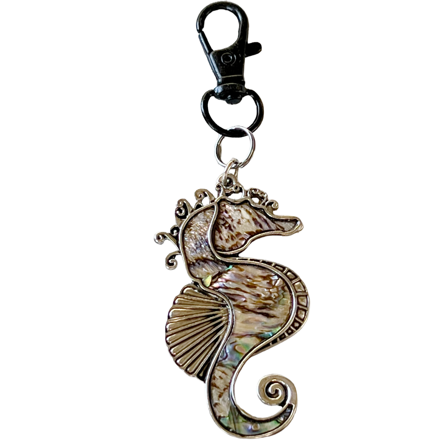 Seahorse Zipper Pull Keychain Charm with Natural Abalone: Coastal Elegance for Your Purse