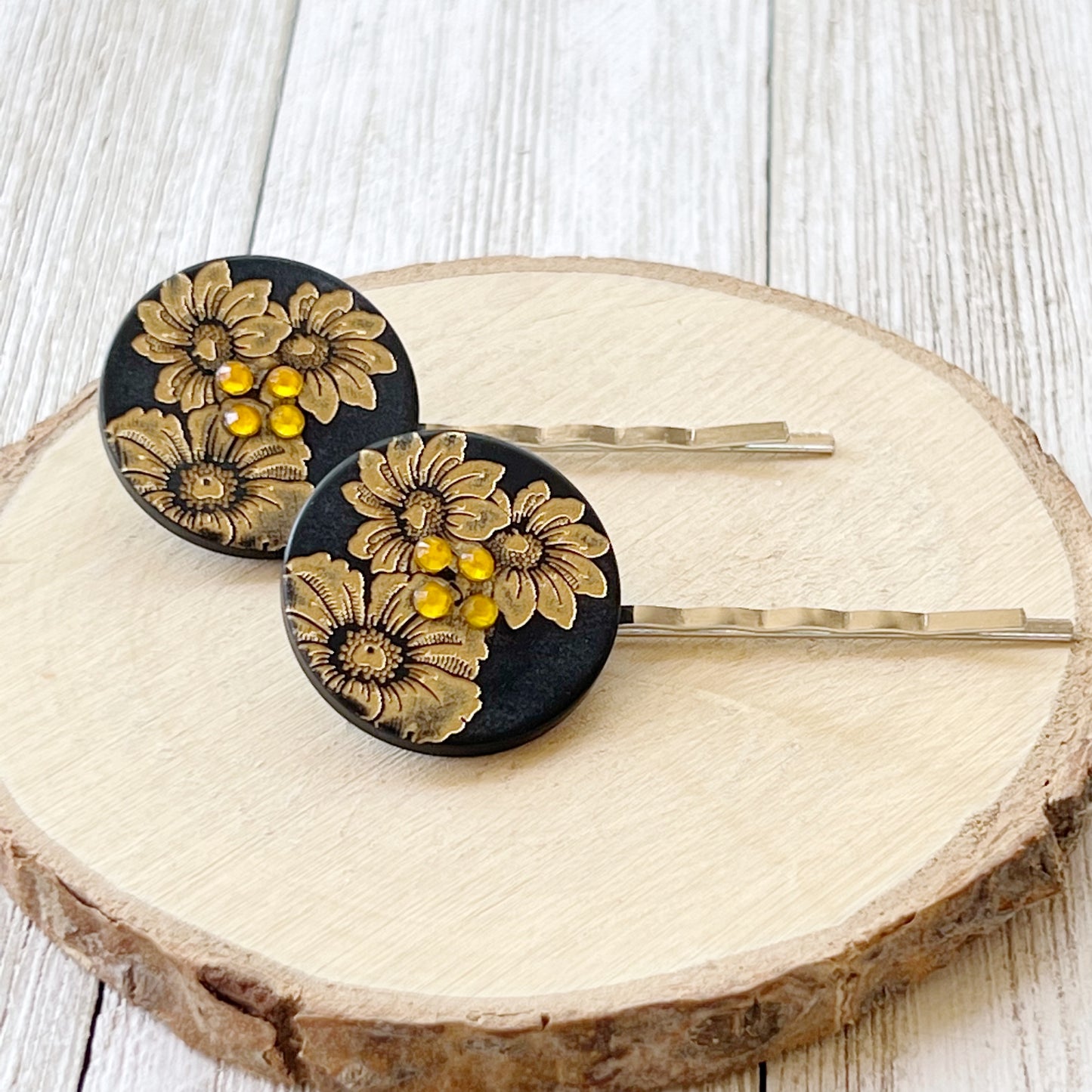 Black & Gold Sunflower Silver Bobby Pins Set - Elegant Floral Hair Accessories