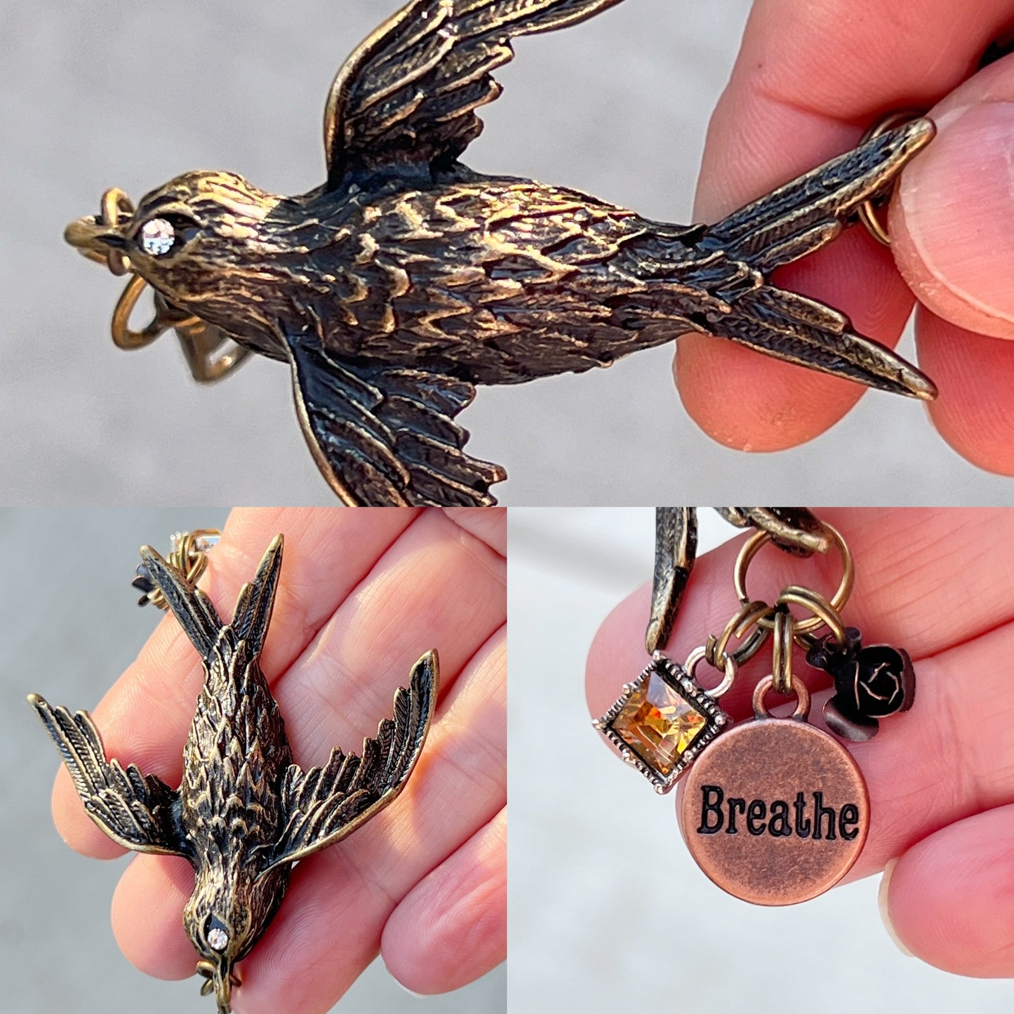 Large Metal 'Breathe' Bird Charm with Rhinestone and Flower Accents - Perfect for Keychain or Purse Decoration