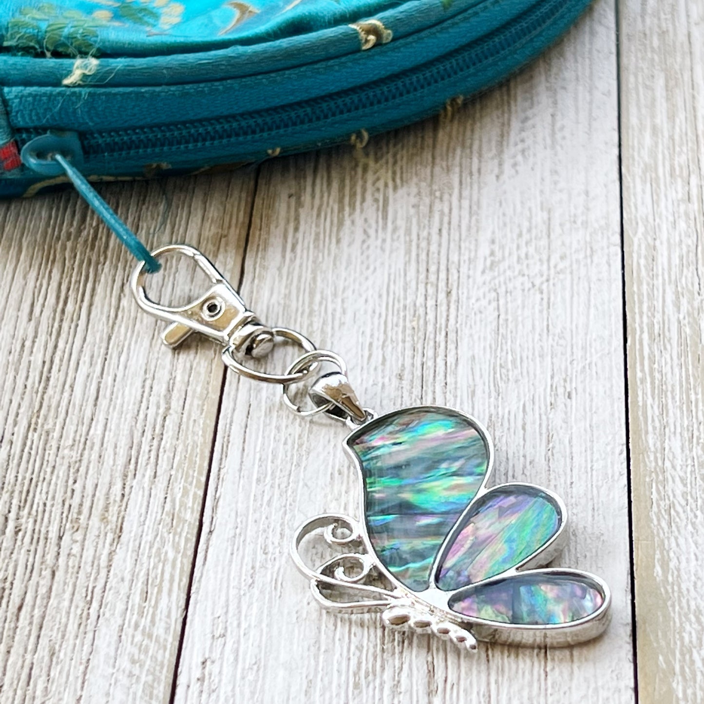 Silver Butterfly Zipper Pull Charm with Natural Abalone