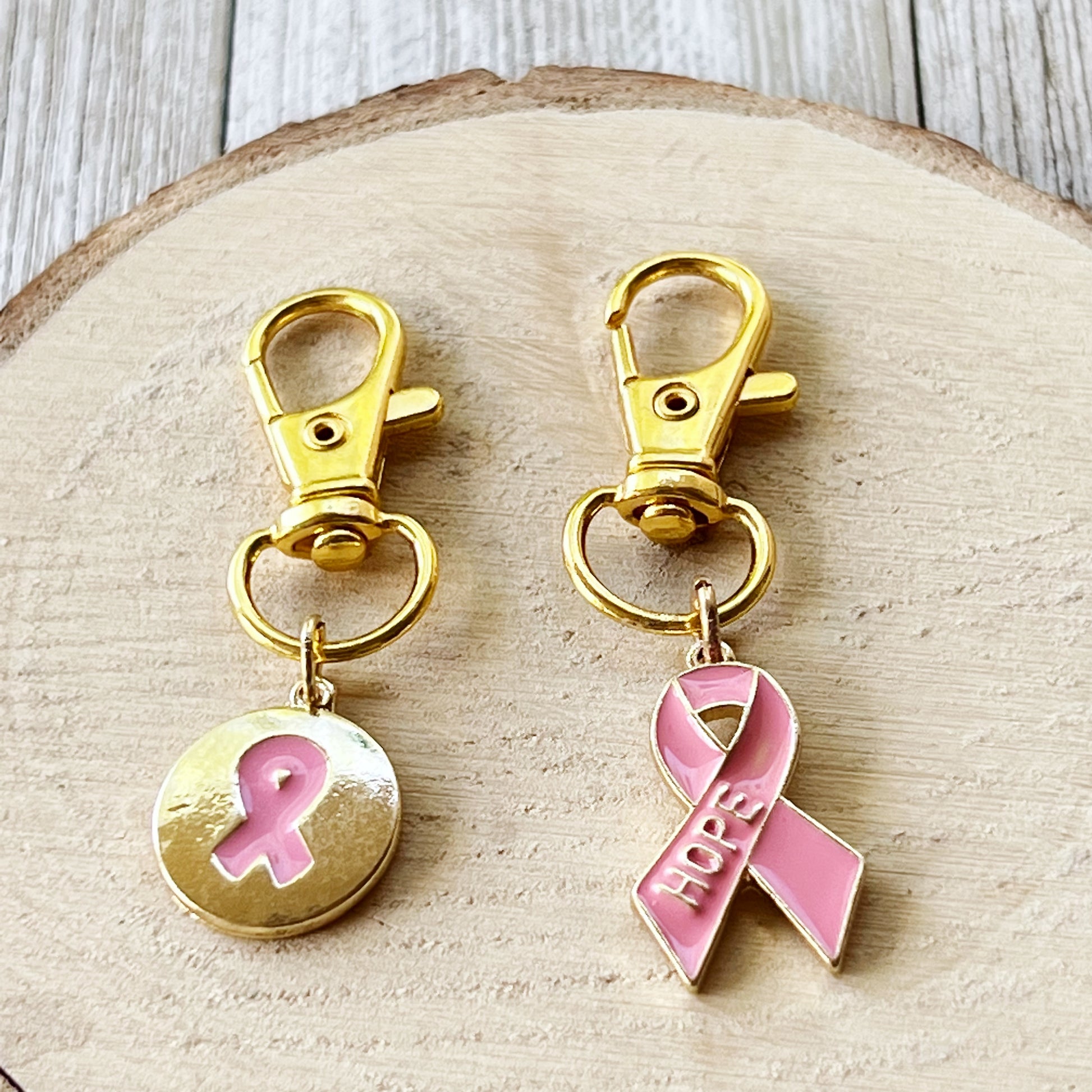 Pink Cancer Awareness Ribbon Zipper Pull Keychain Charm with Rhinestones