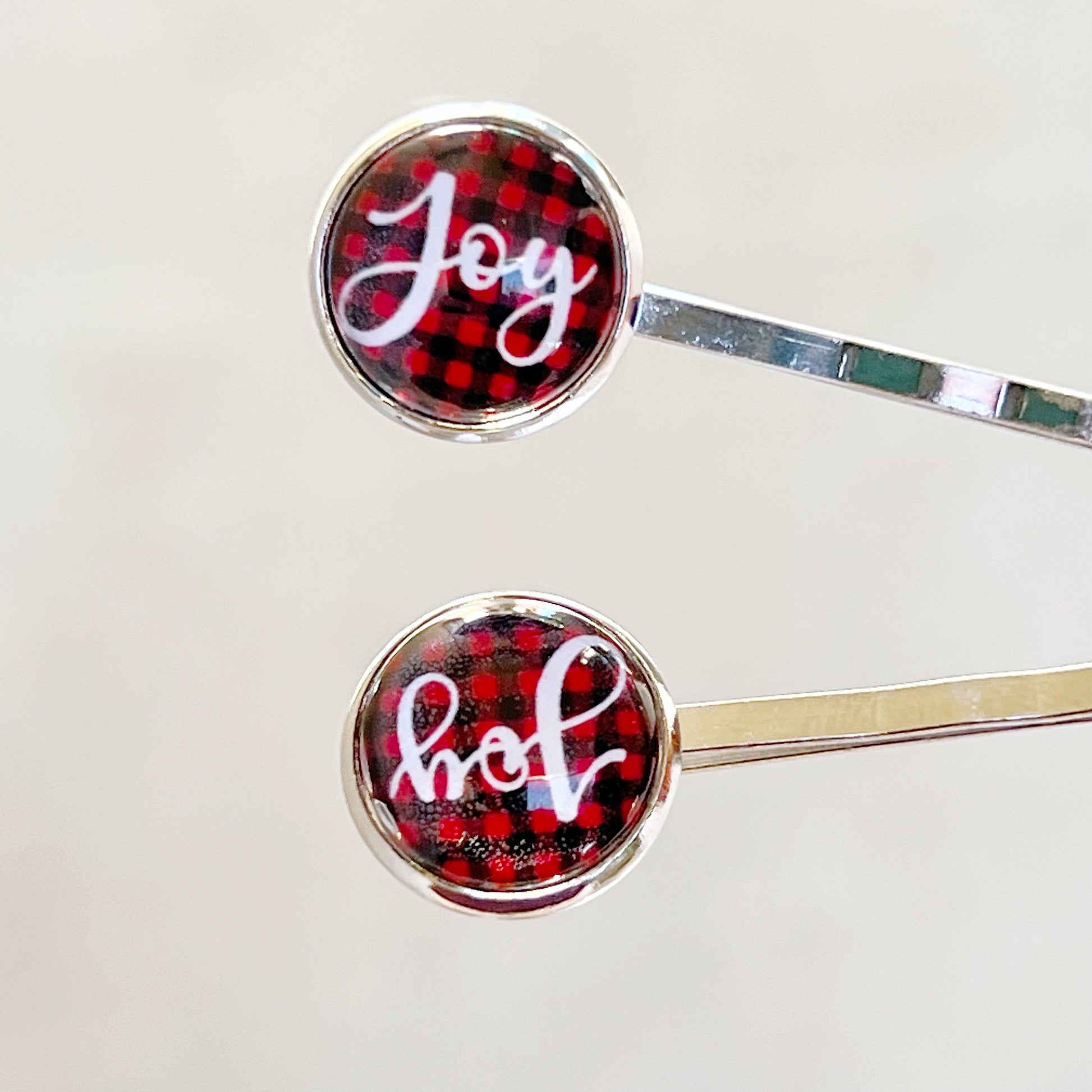 Red Buffalo Plaid Joy Christmas Holiday Bobby Pins