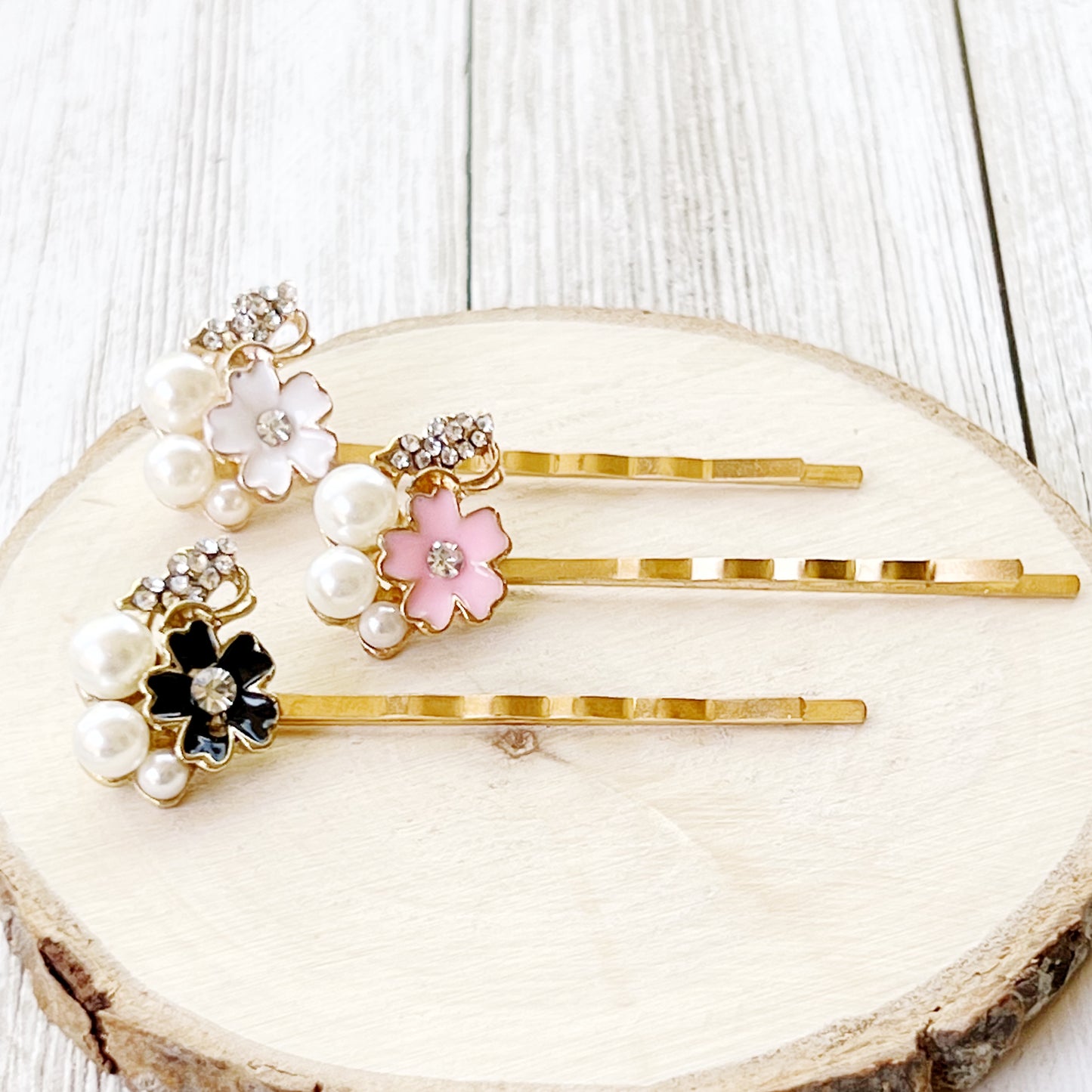 Black, White & Pink Enamel and Rhinestone Flower Hair Pins Set of 3 - Elegant and Versatile Hair Accessories