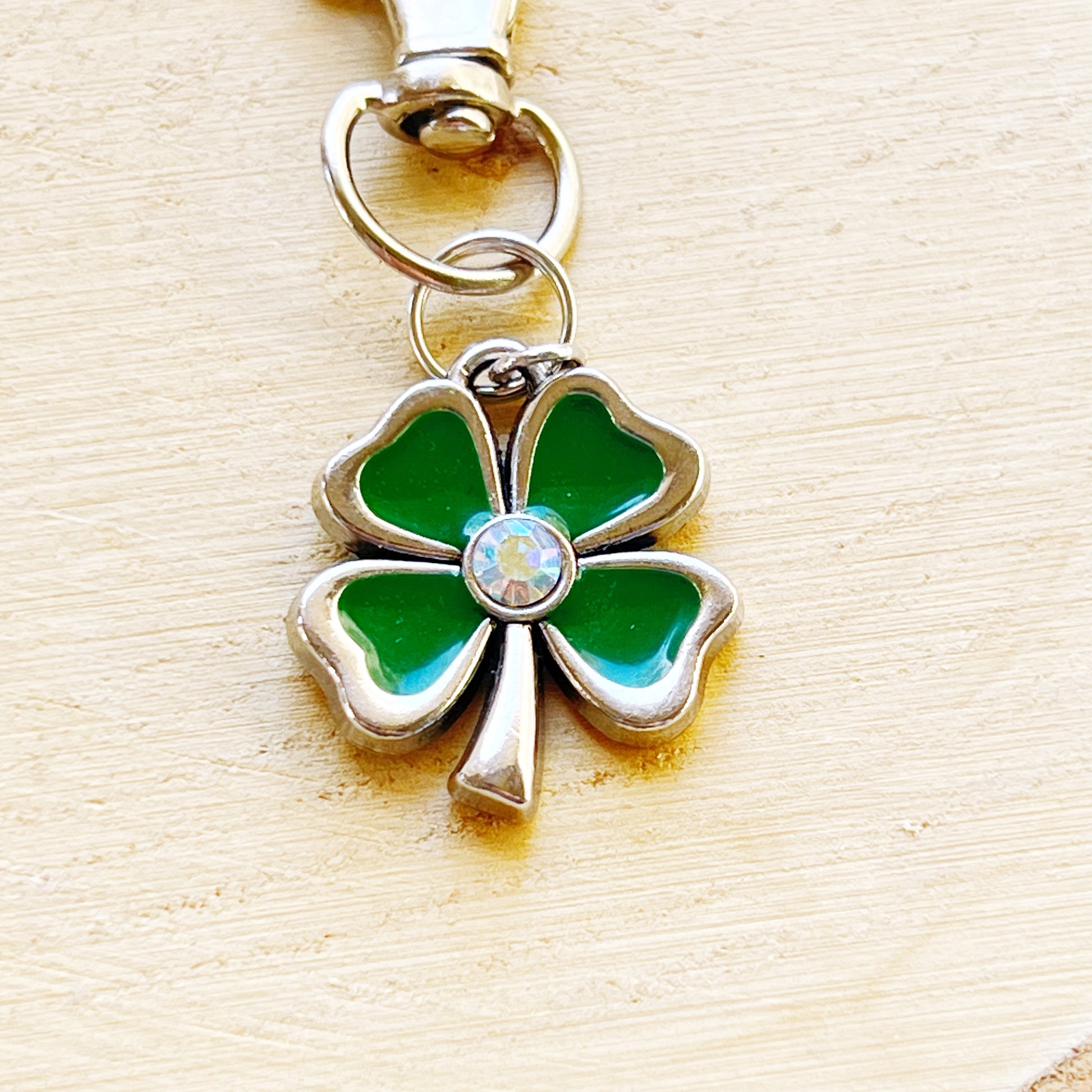 Four Leaf Clover Zipper Pull Keychain Purse Charm - Rhinestone Embellished Lucky Charm