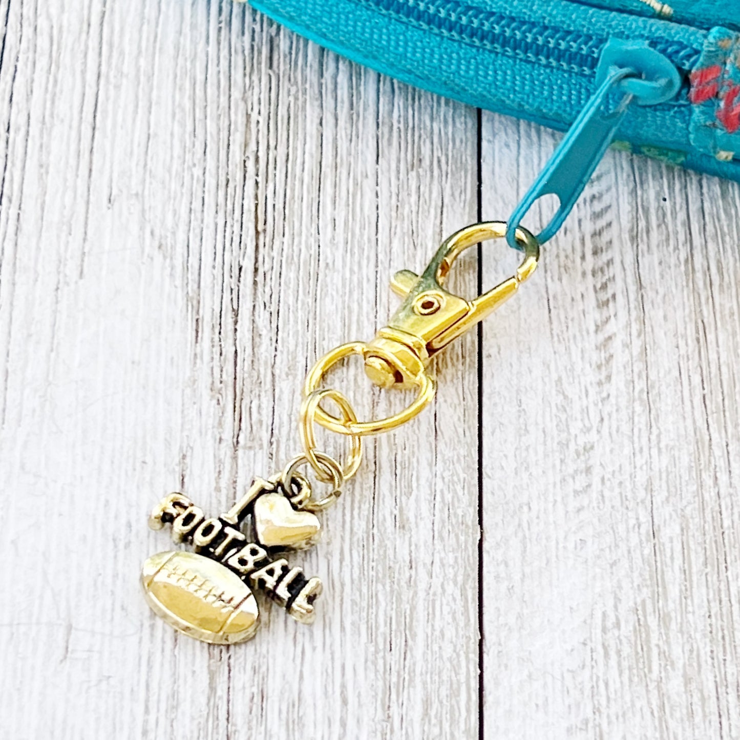 I Love Football Zipper Pull Keychain Charm with Rhinestones