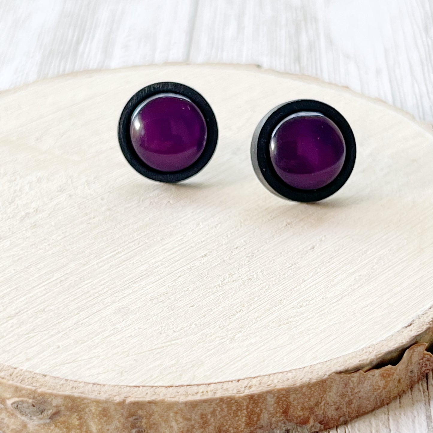 Purple Resin Black Wood Unisex Stud Earrings - Unique & Stylish Accessories