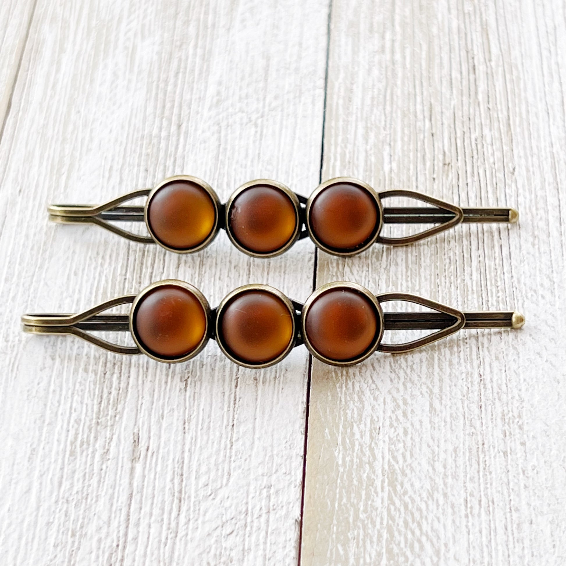 Satin Brown Rhinestone Hair Pins