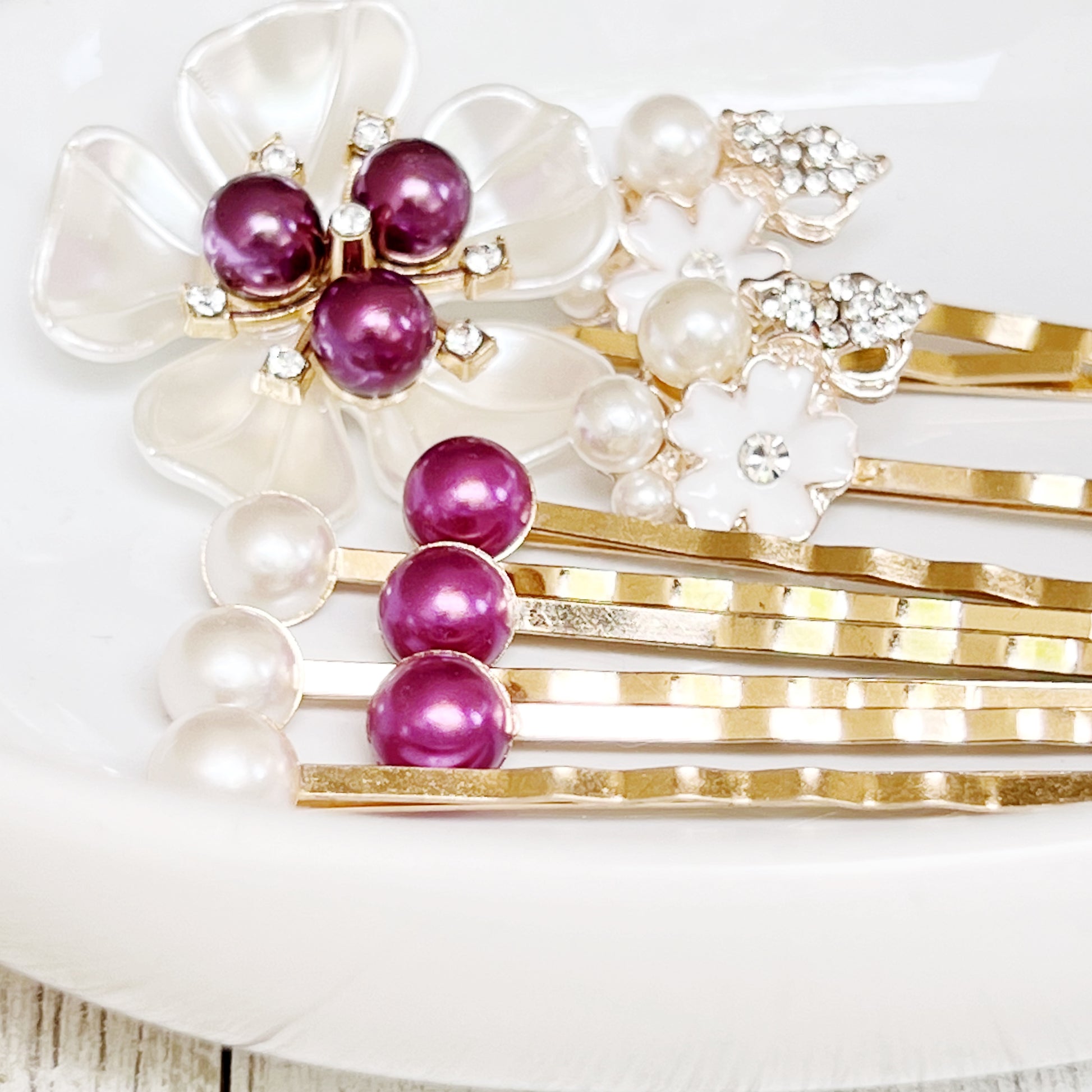 Purple & White Pearl Rhinestone Hair Pins - Elegant & Sparkling Accessories