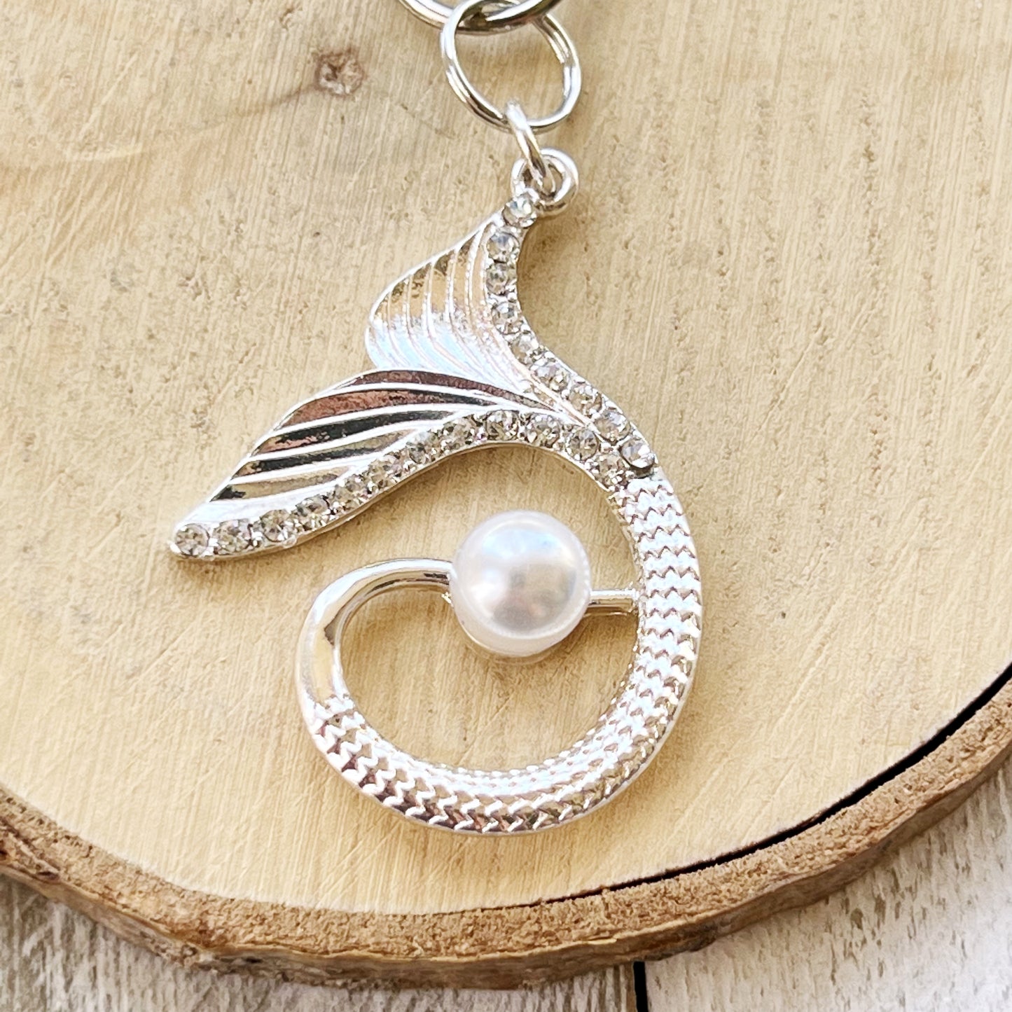 Silver Mermaid Zipper Pull Keychain Charm with Pearl and Rhinestone Accents
