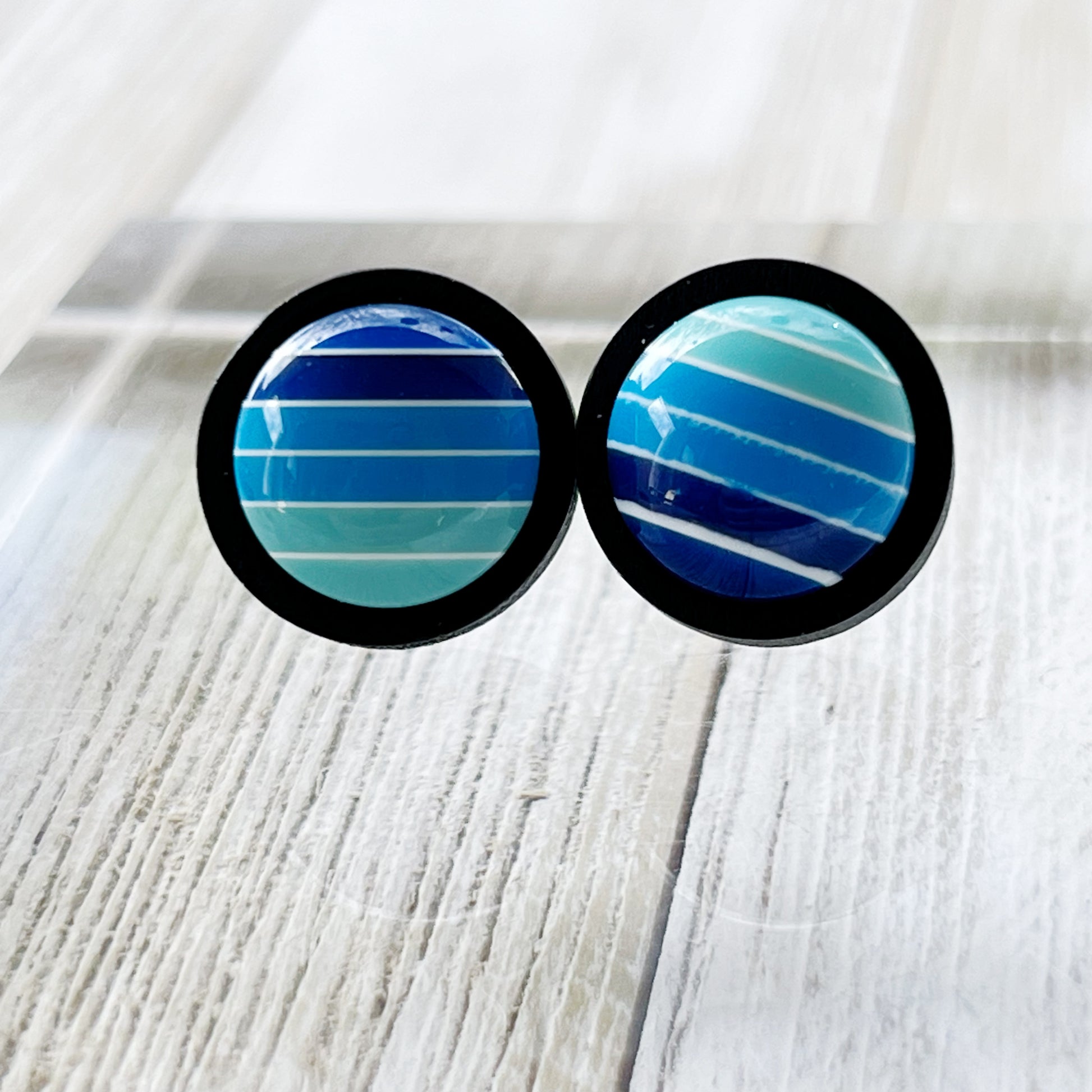 Blue Gradient Striped Black Wood Earrings - Stylish Contemporary Accessories