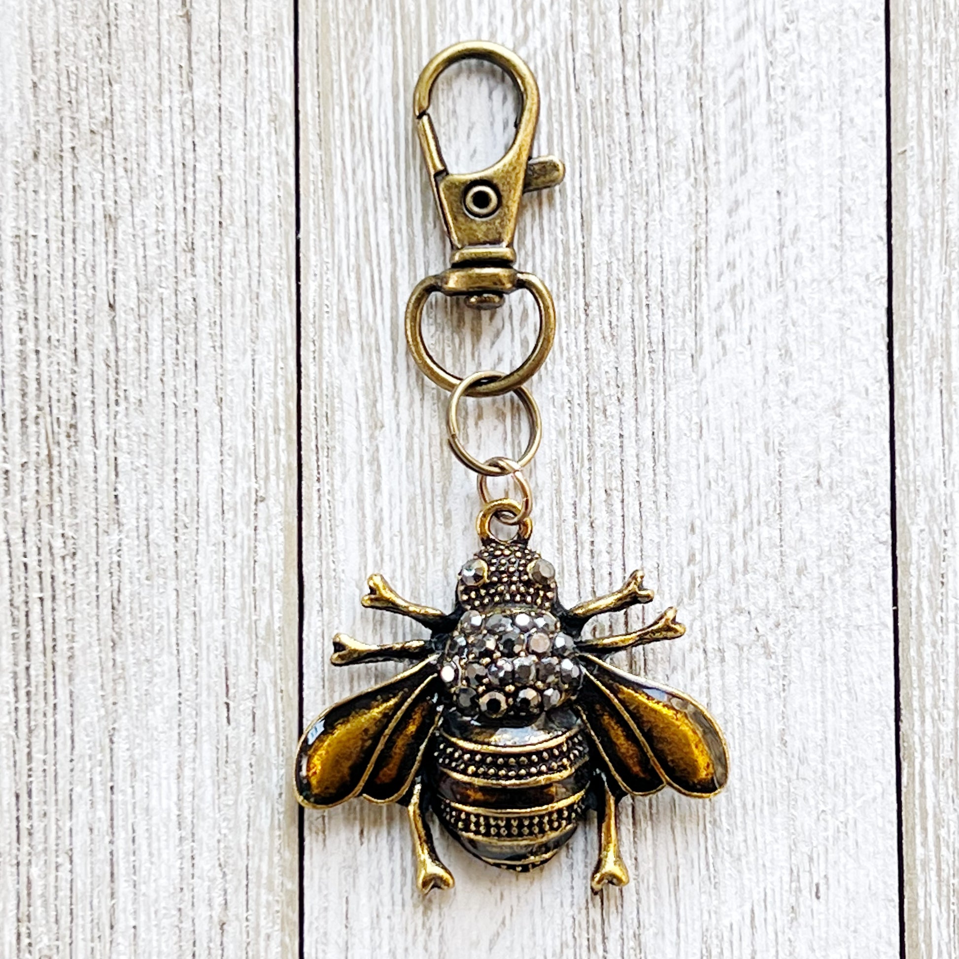 Gothic Bee Zipper Pull Keychain Purse Charm - Rhinestone Embellished Accessory