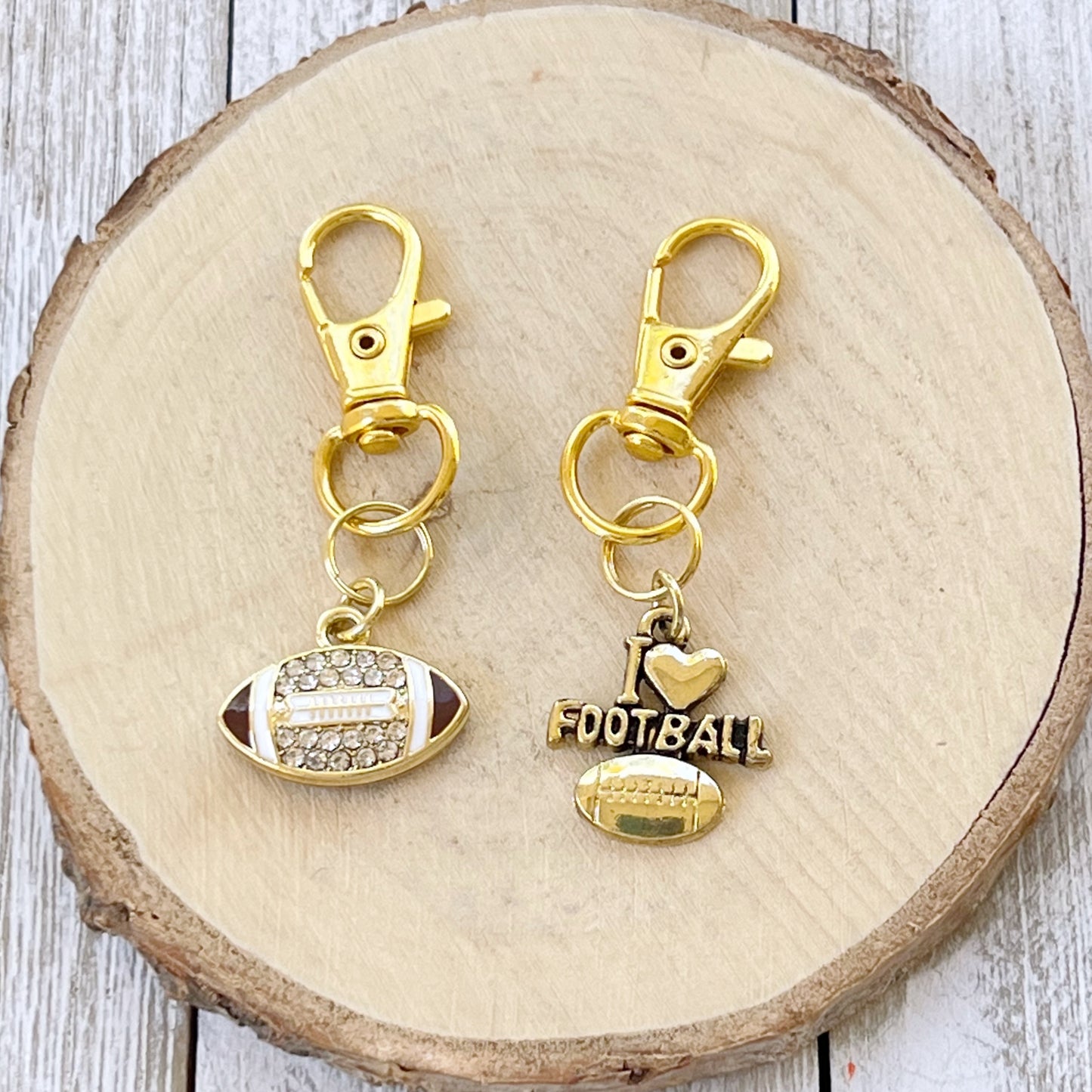 I Love Football Zipper Pull Keychain Charm with Rhinestones