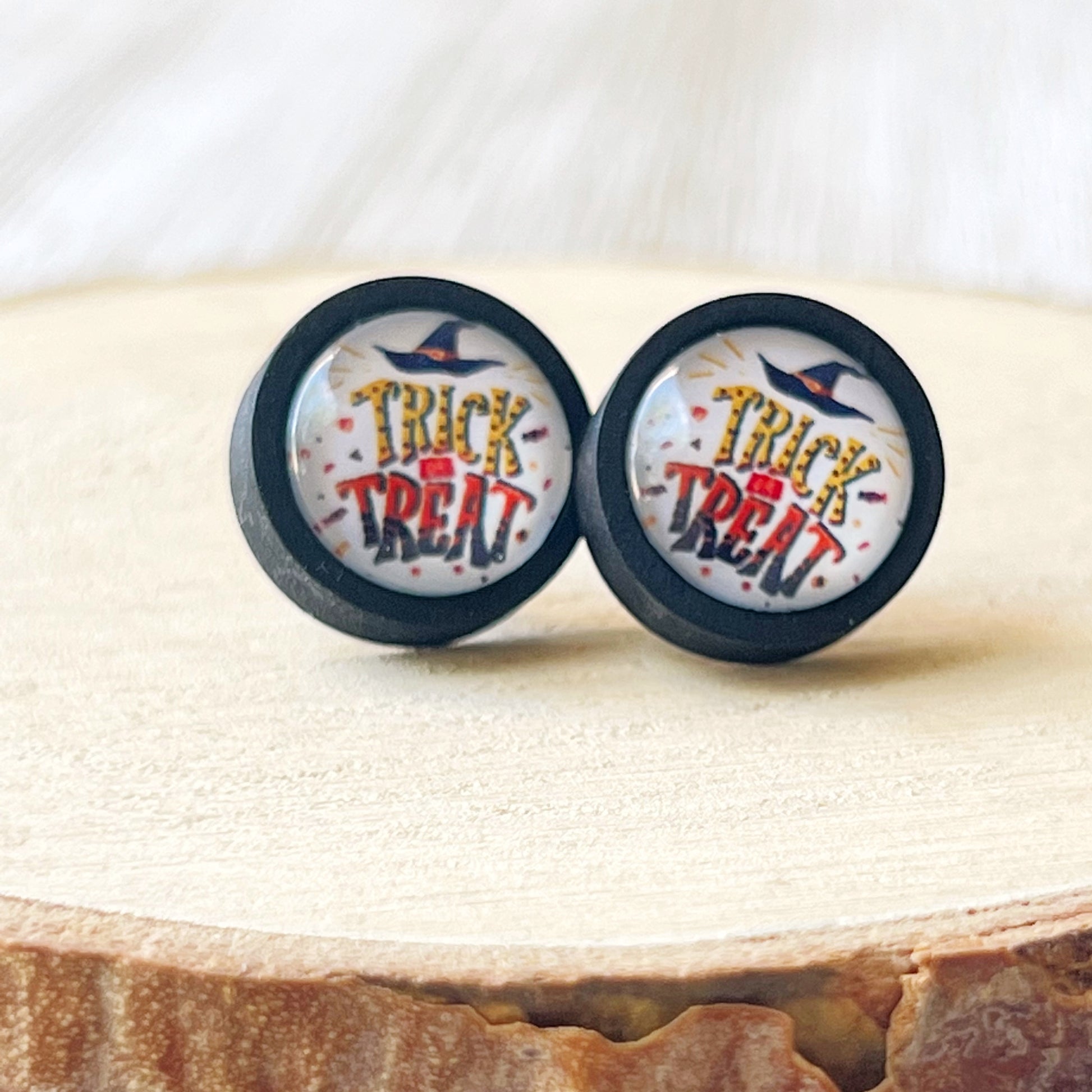 Trick or Treat Black Wood Stud Earrings - Spooky & Fun Halloween Accessories