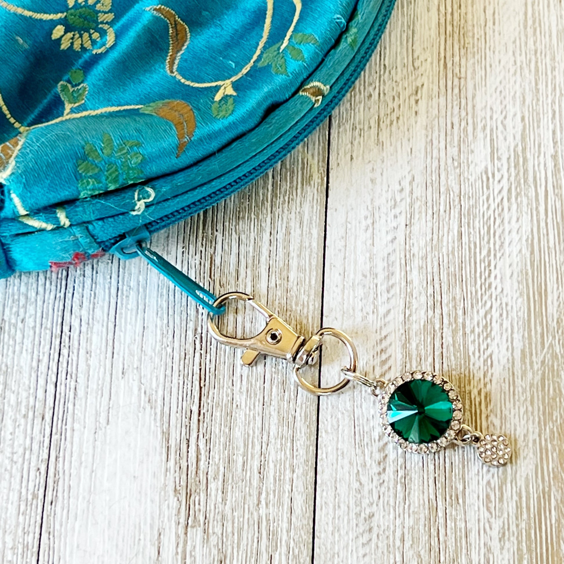 Green Zipper Pull Keychain Charm with Rhinestones