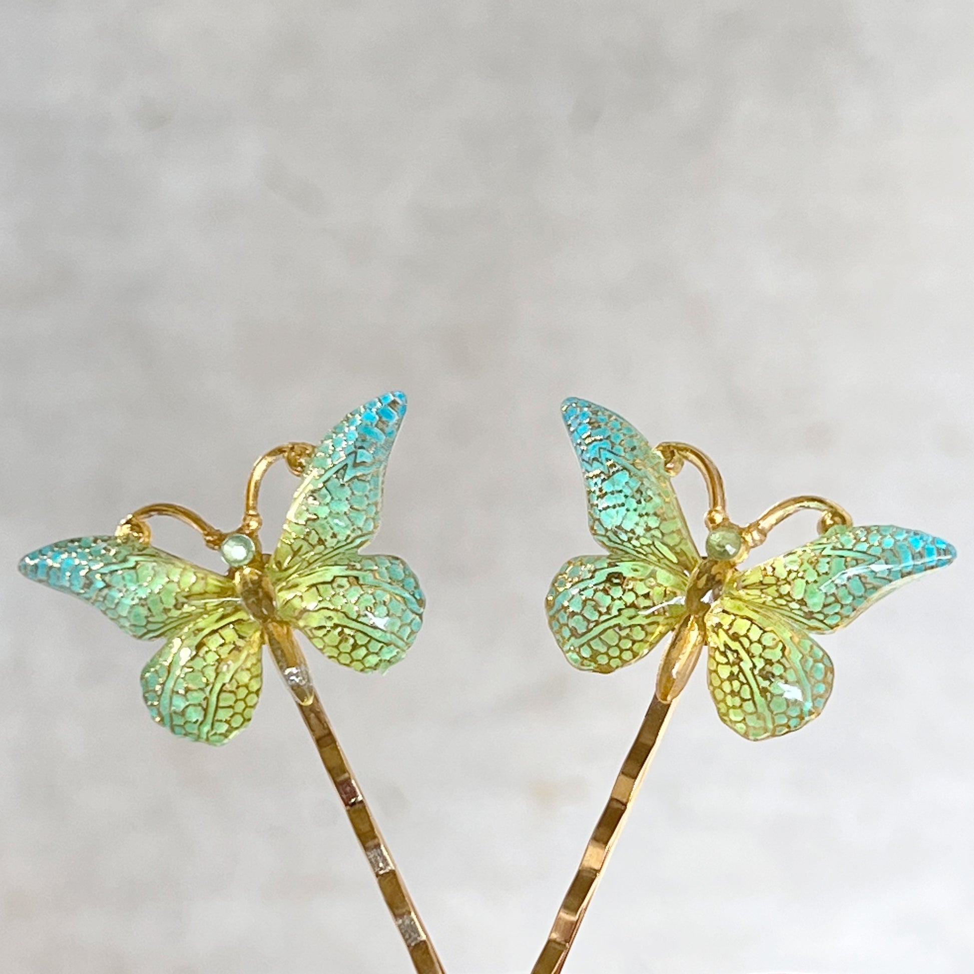 Blue, Green & Gold Butterfly Hair Pins - Elegant and Colorful Hair Accessories