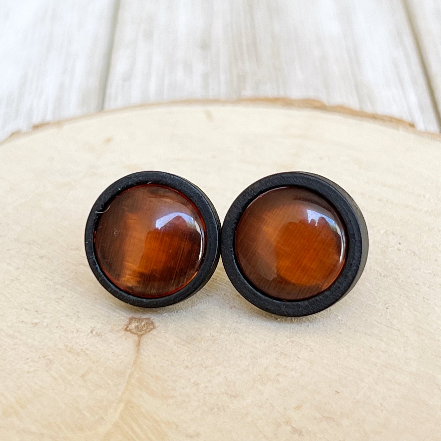 Orange Resin Black Wood Unisex Stud Earrings - Unique & Stylish Accessories