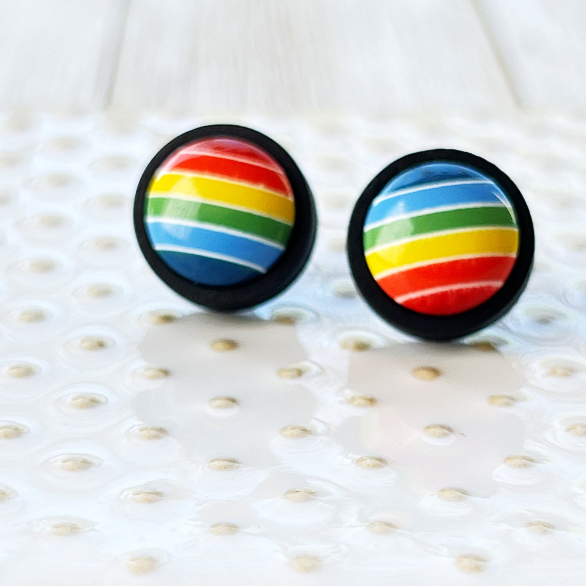 Rainbow Striped Black Wood Stud Earrings - Colorful and Unique Accessories