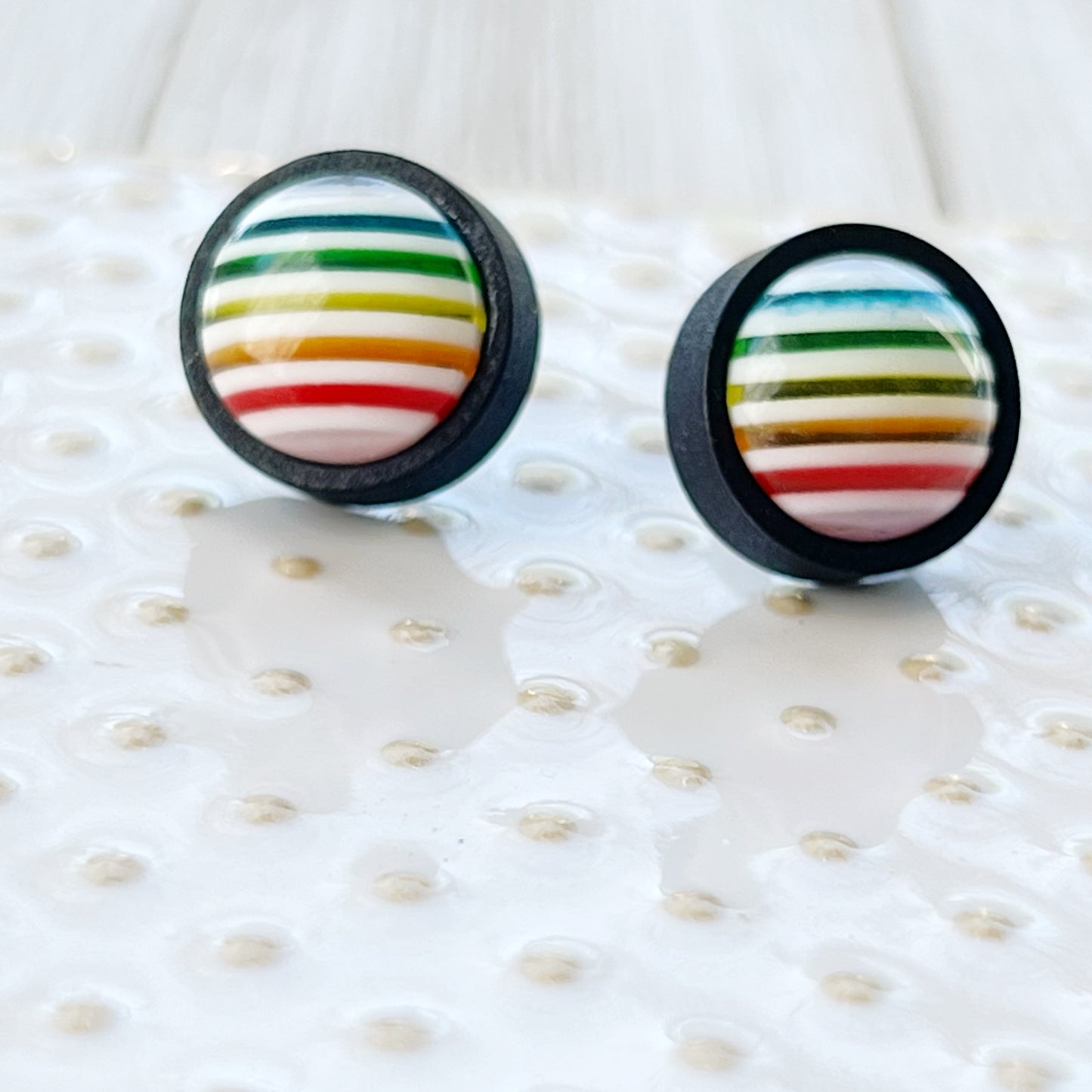 Rainbow Striped Black Wood Stud Earrings - Colorful and Unique Accessories