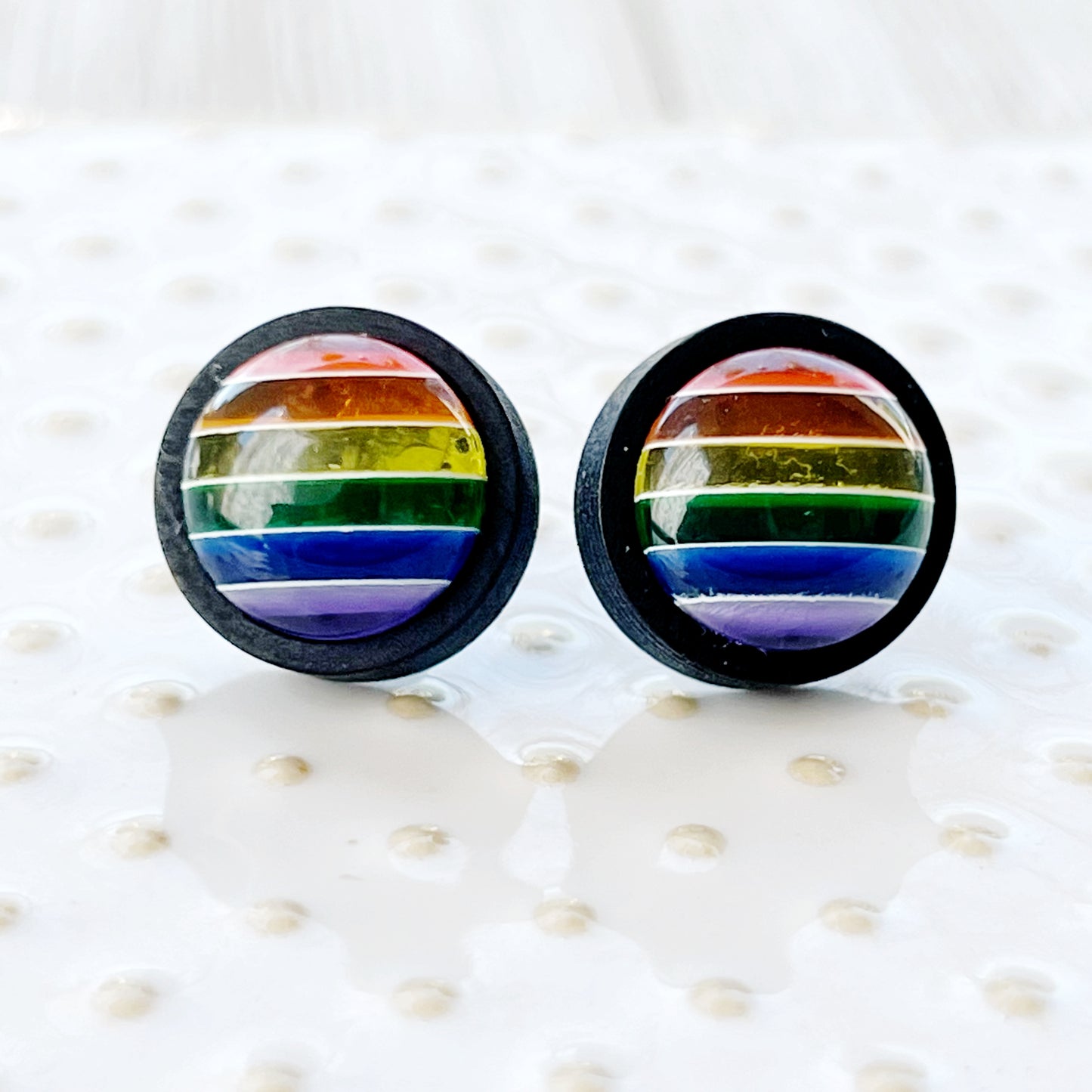 Rainbow Striped Black Wood Stud Earrings - Colorful and Unique Accessories