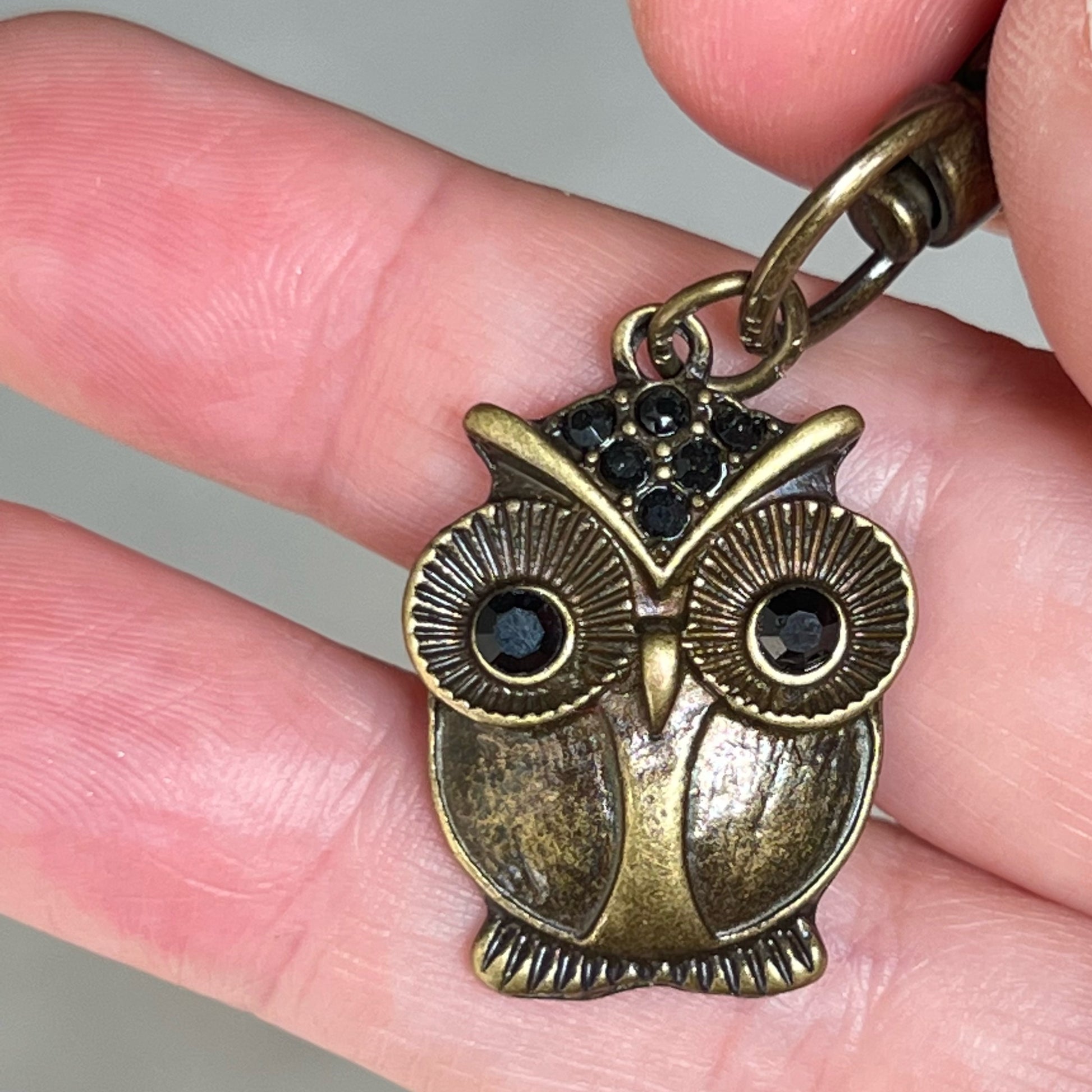 Set of 3 Brass Owl Purse Charms with Rhinestone Accents