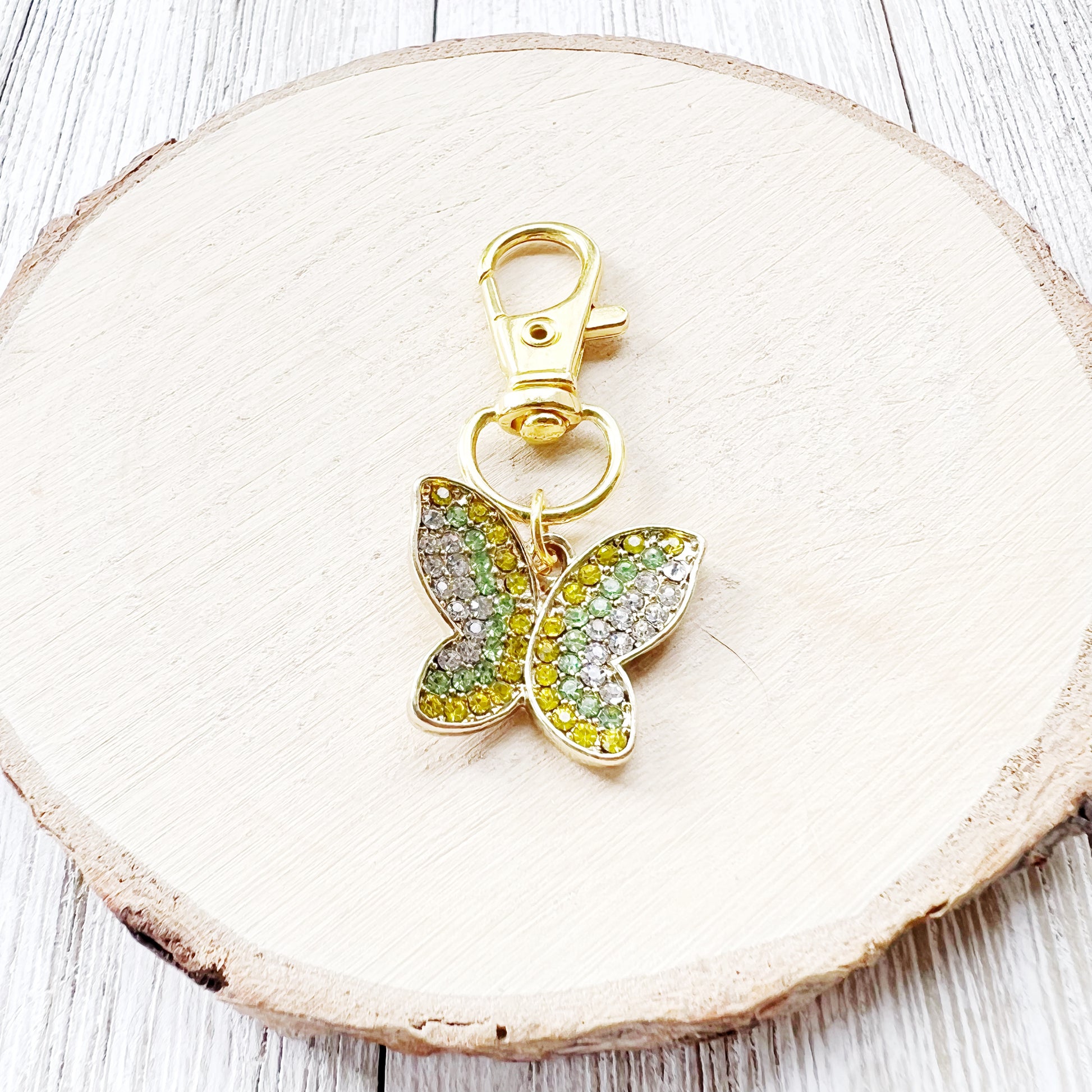 Yellow & Green Butterfly Zipper Pull Keychain Charm with Rhinestones - Stylish and Whimsical Accessory for Your Bag