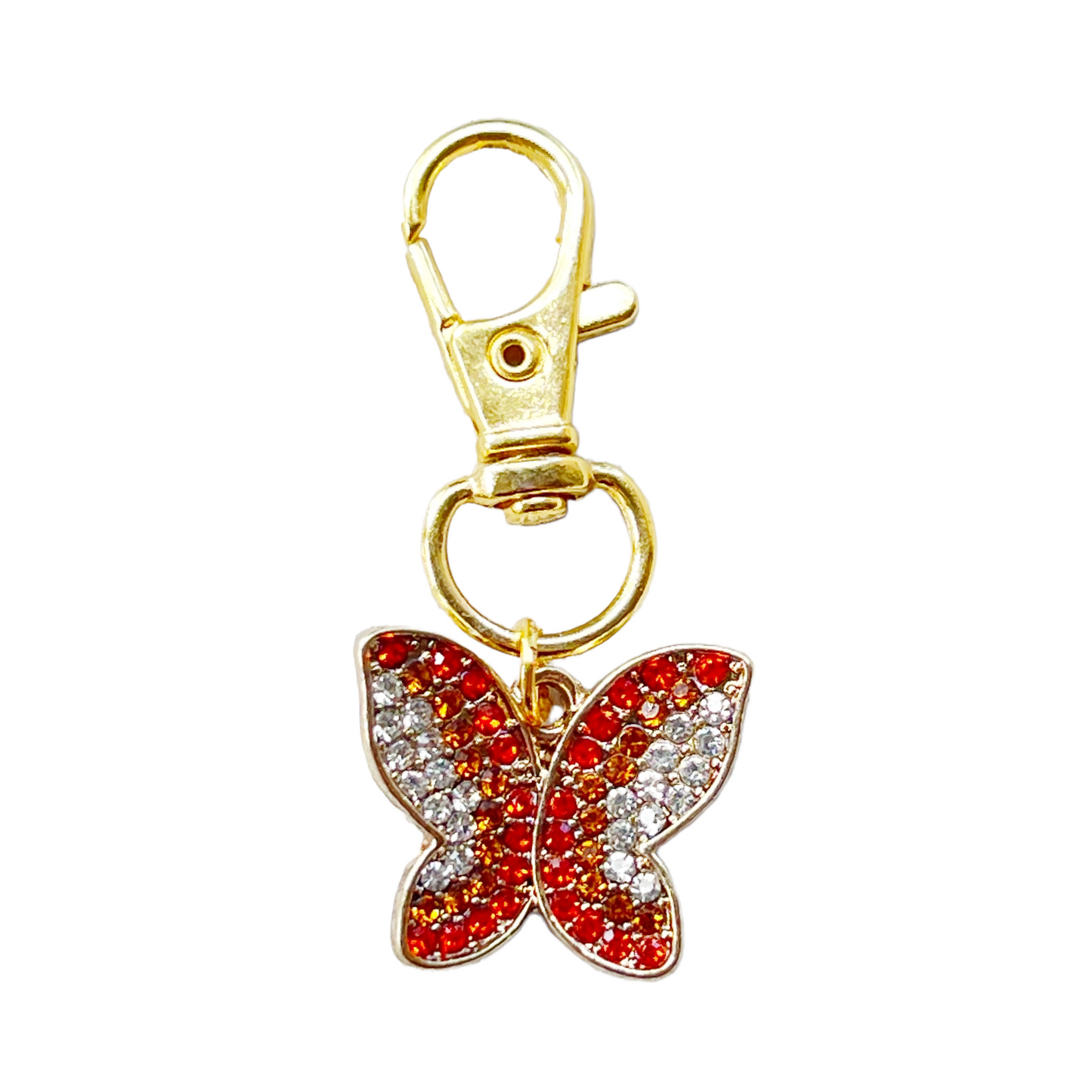 Red & Orange Butterfly Zipper Pull Keychain Charm with Rhinestones - Stylish and Whimsical Accessory for Your Bag