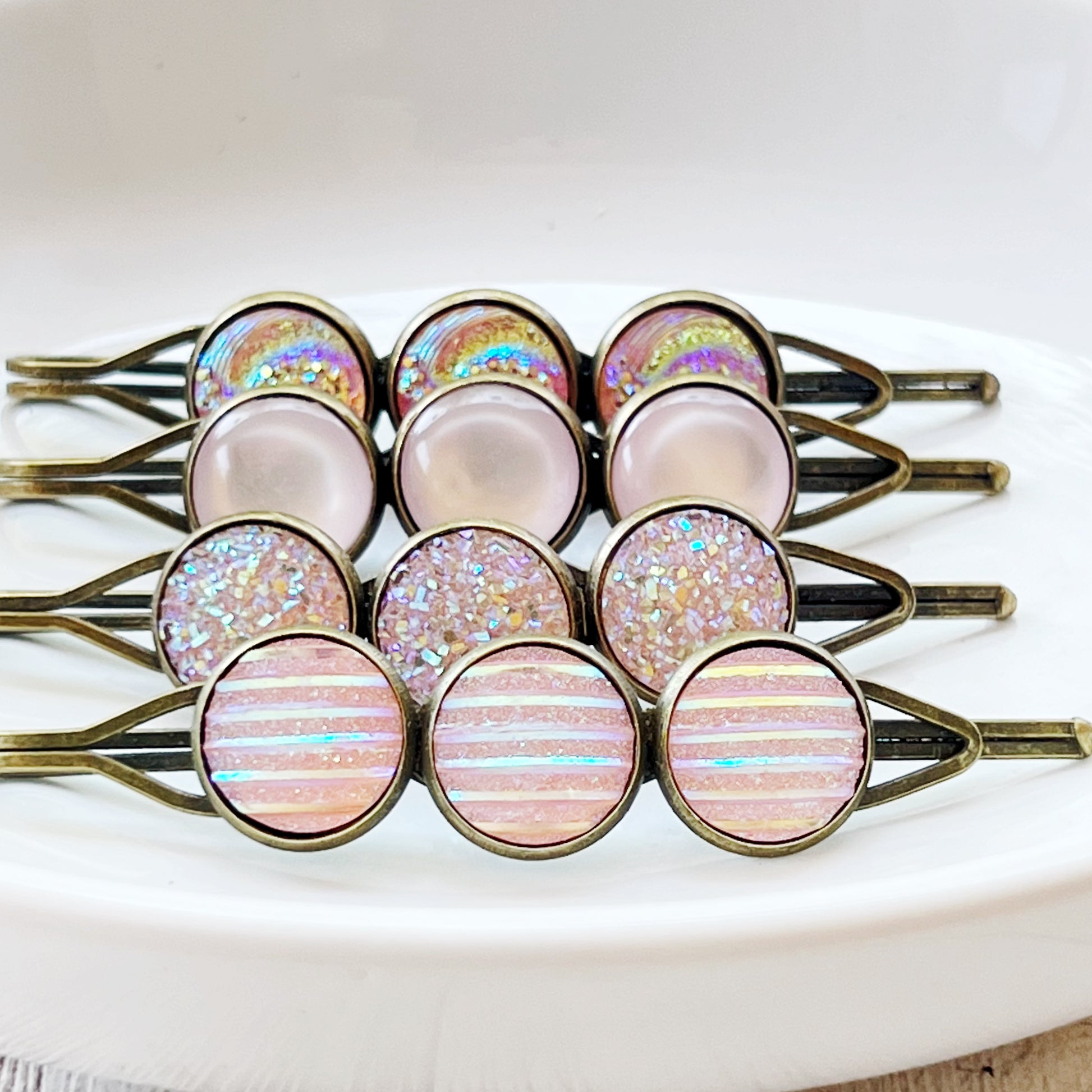 Pink Glitter Druzy Hair Pins - Set of 4 with Unique Pattern Designs