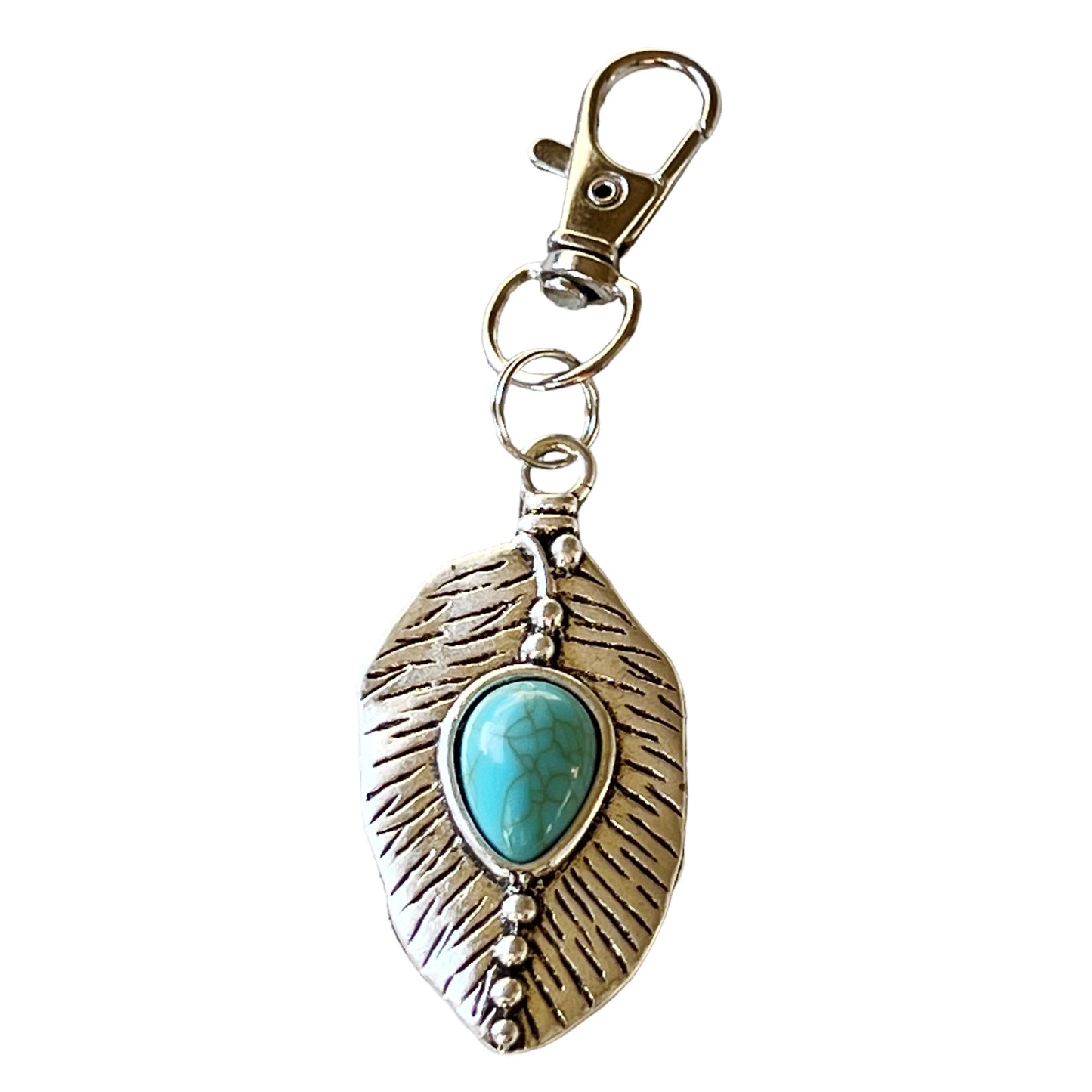 Small Turquoise Silver Feather Western Zipper Pull Keychain Charm