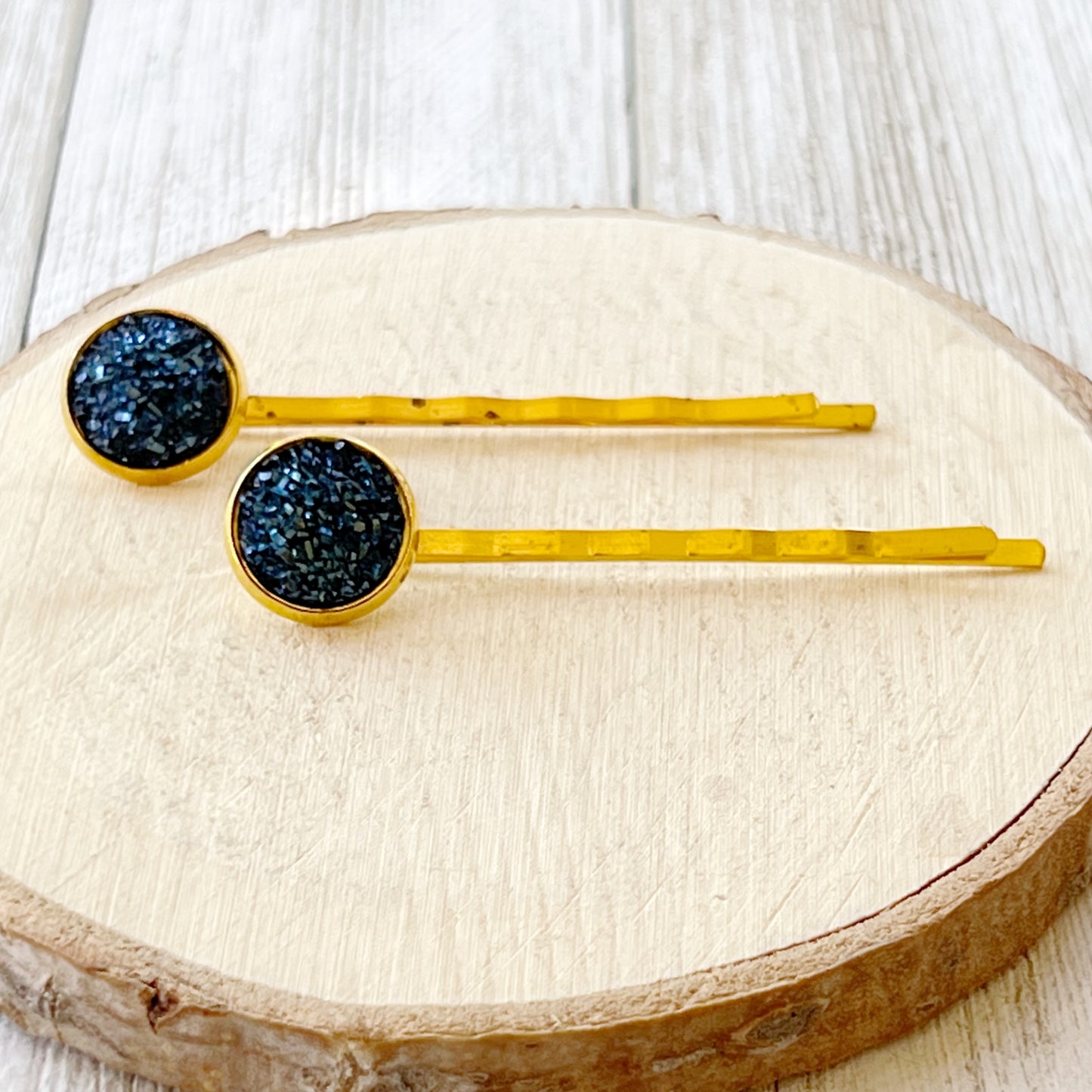 Cobalt Blue Druzy Gold Hair Pins