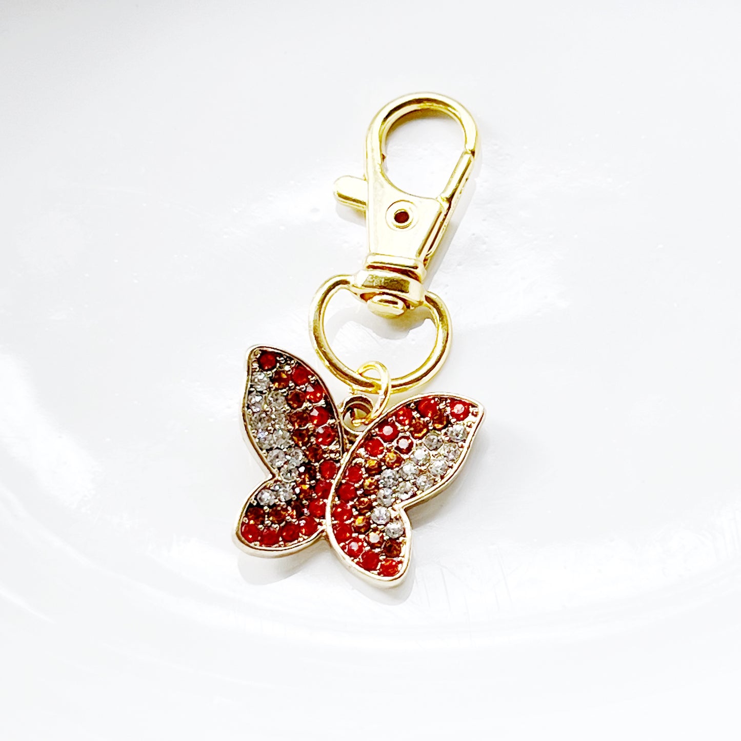 Red & Orange Butterfly Zipper Pull Keychain Charm with Rhinestones - Stylish and Whimsical Accessory for Your Bag