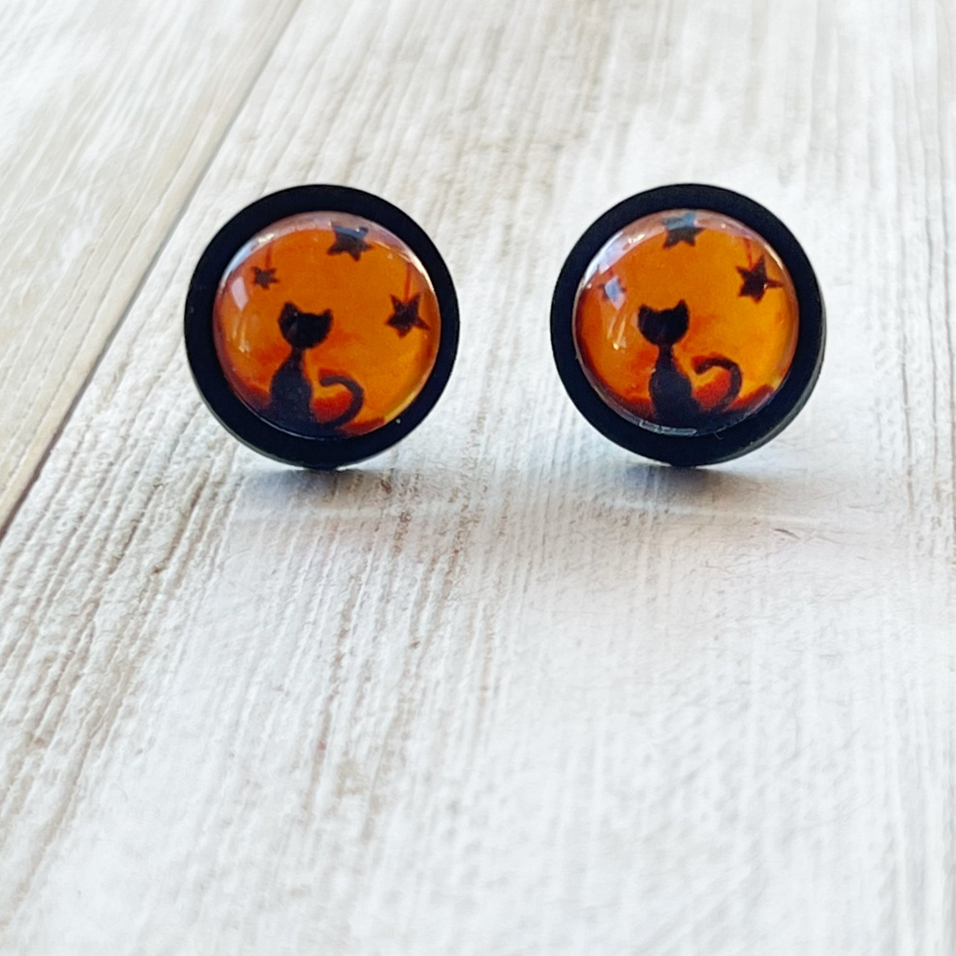 Black Cat Halloween Orange & Black Wood Stud Earring - Spooky & Stylish Accessory