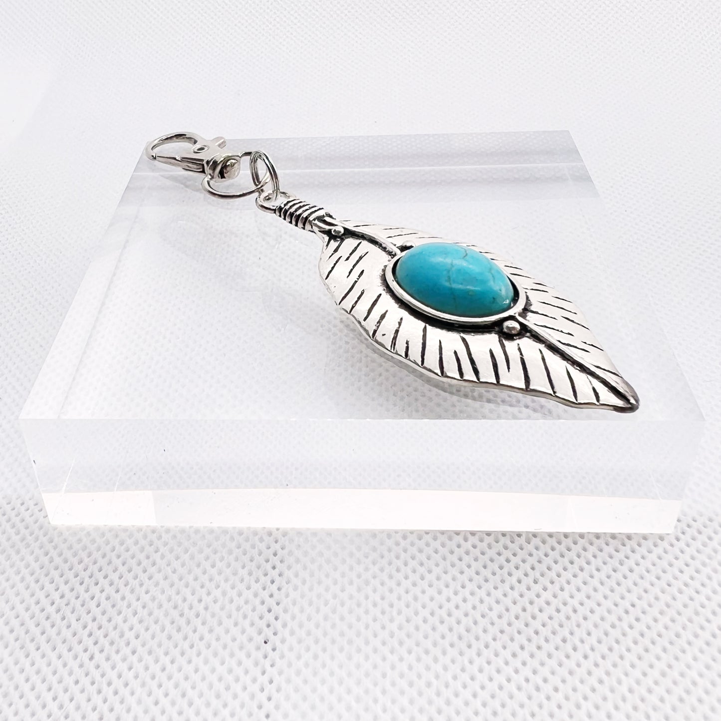 Turquoise Silver Feather Western Zipper Pull Keychain Charm